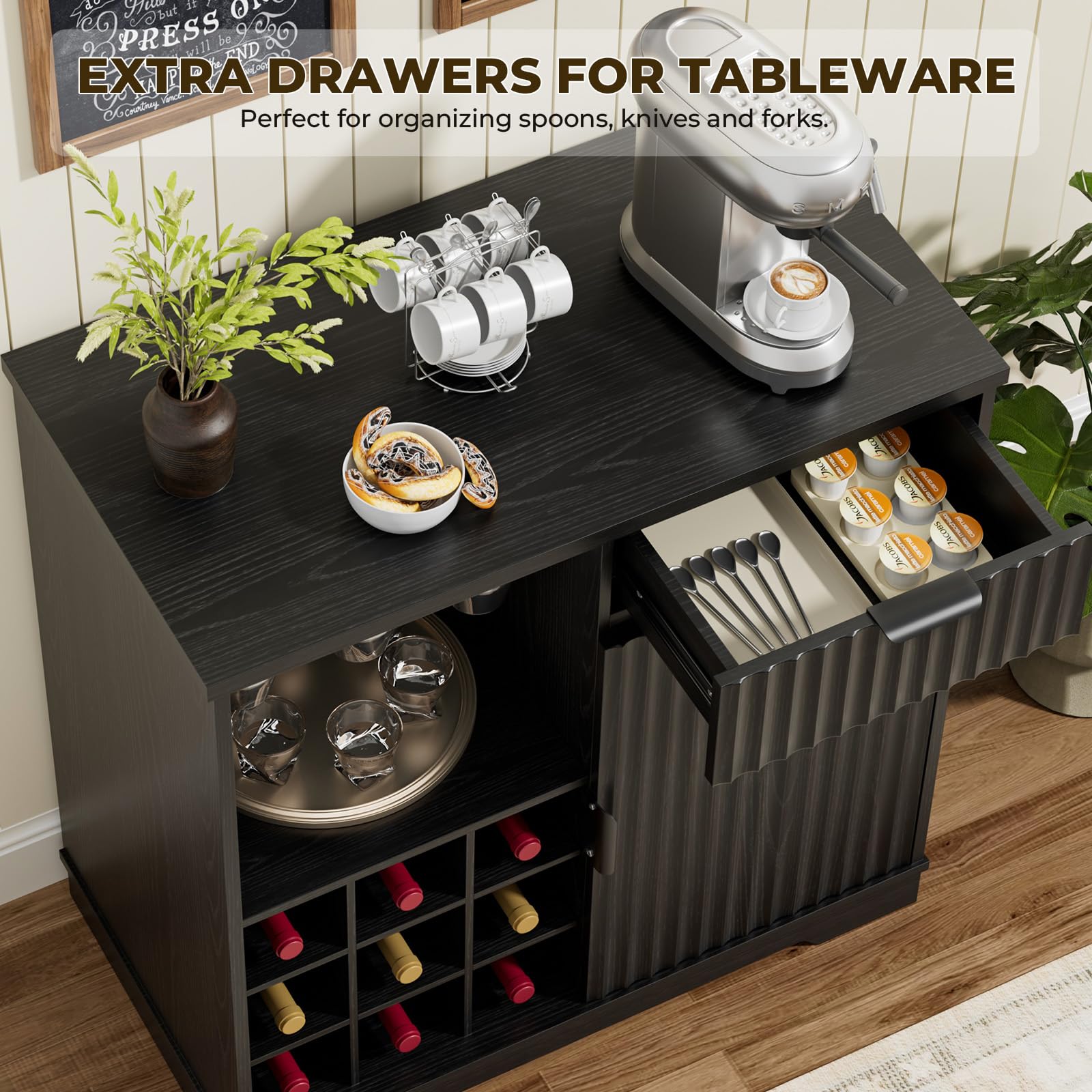 Fluted Coffee Bar Cabinet with Wine Rack & Glass Holder