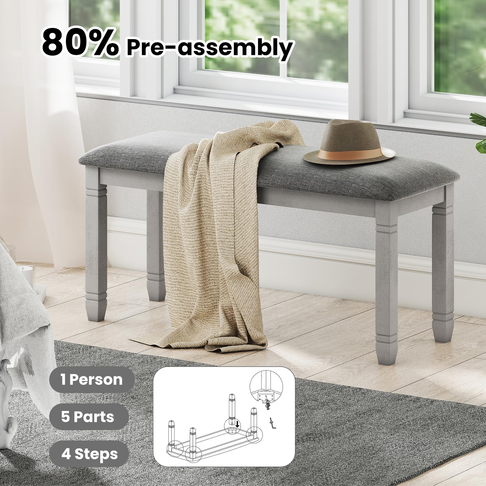 Upholstered Dining Bench with Padded Seat and Solid Wood Legs