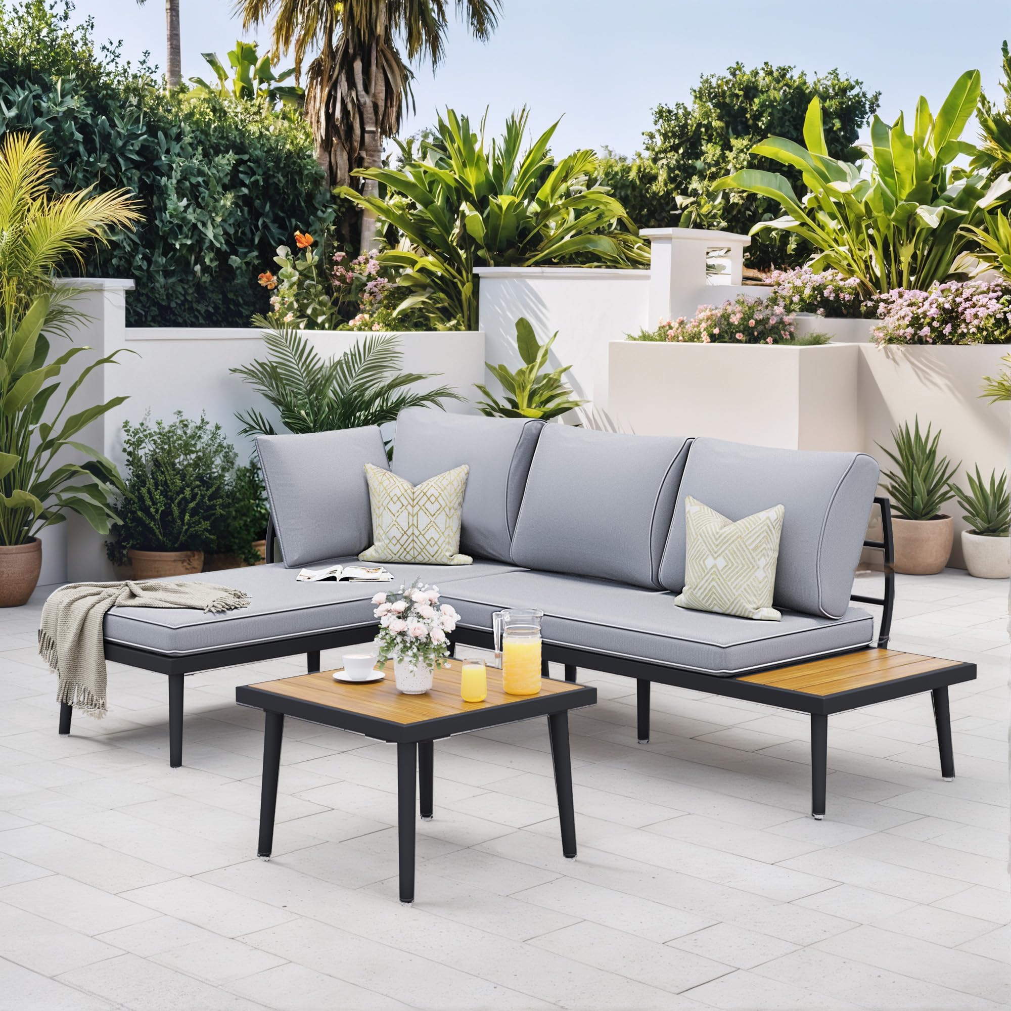 Outdoor L-Shaped Sectional Sofa Set with Coffee Table