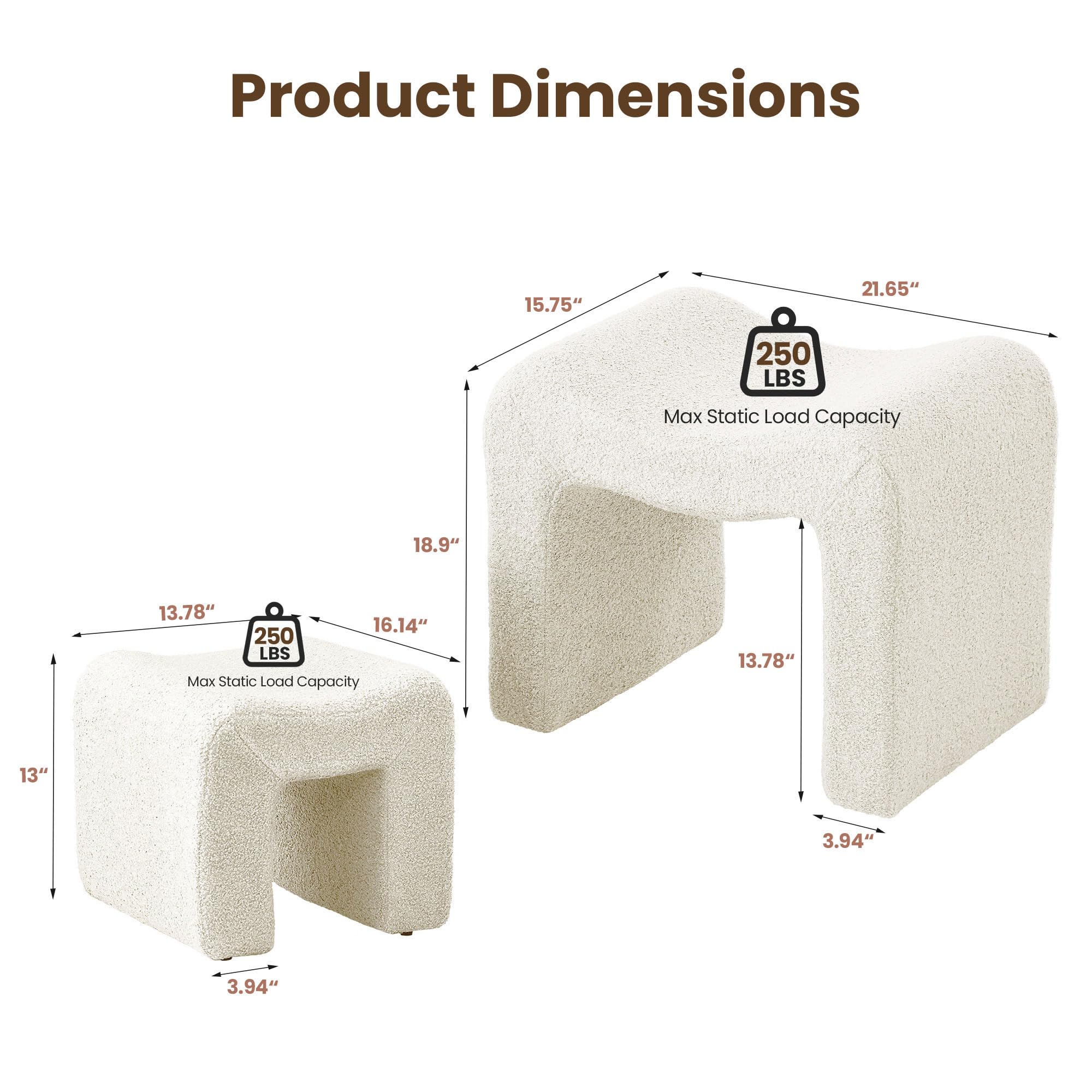 Small Footstool Ottoman Vanity Stool Set White Teddy Velvet 2-in-1