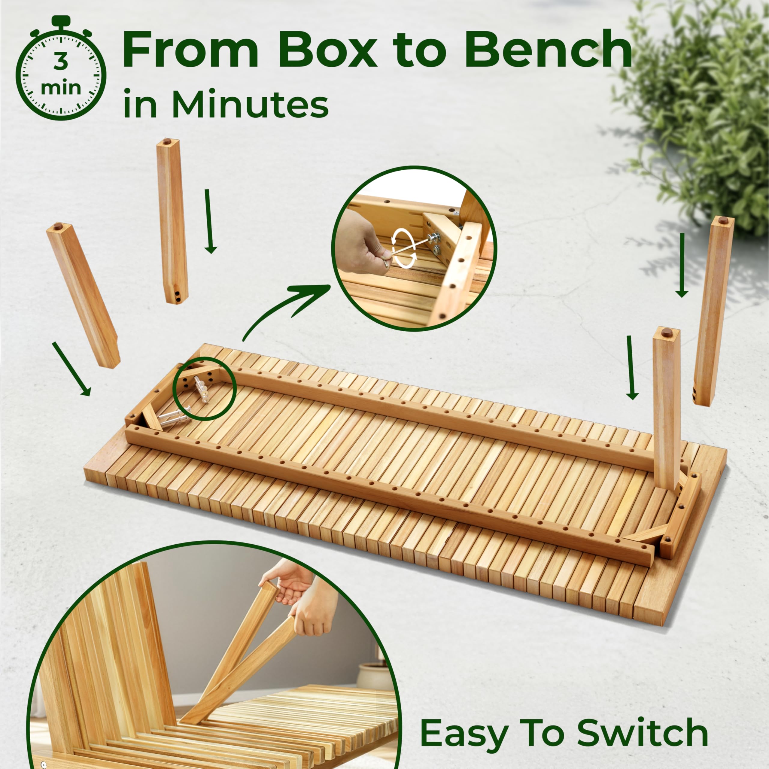 Convertible Outdoor Bench to Table - Acacia Wood - 47 Inch