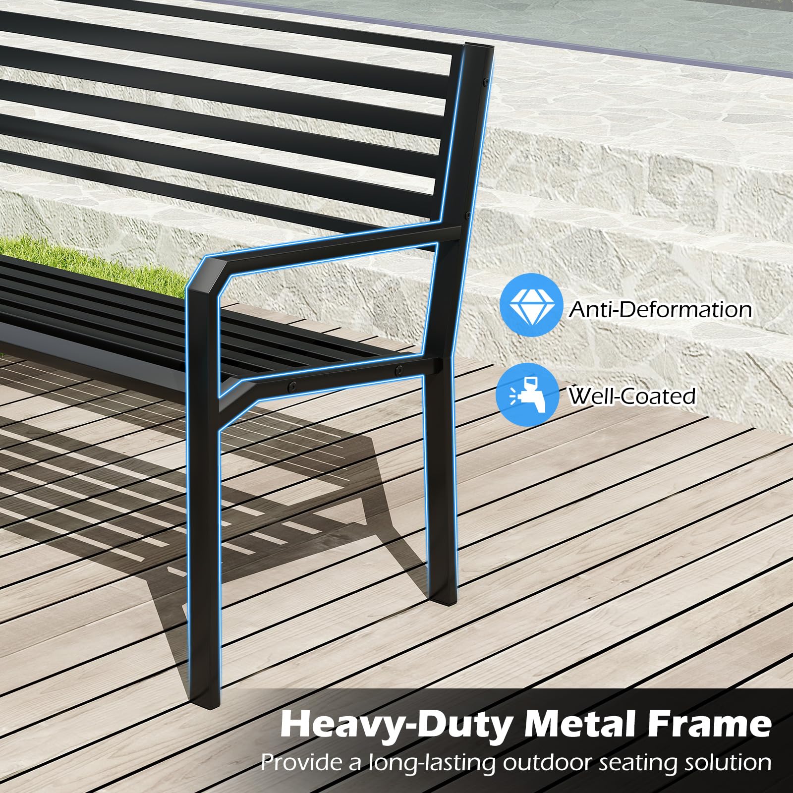 50" Outdoor Metal Park Bench with Armrests and Backrest