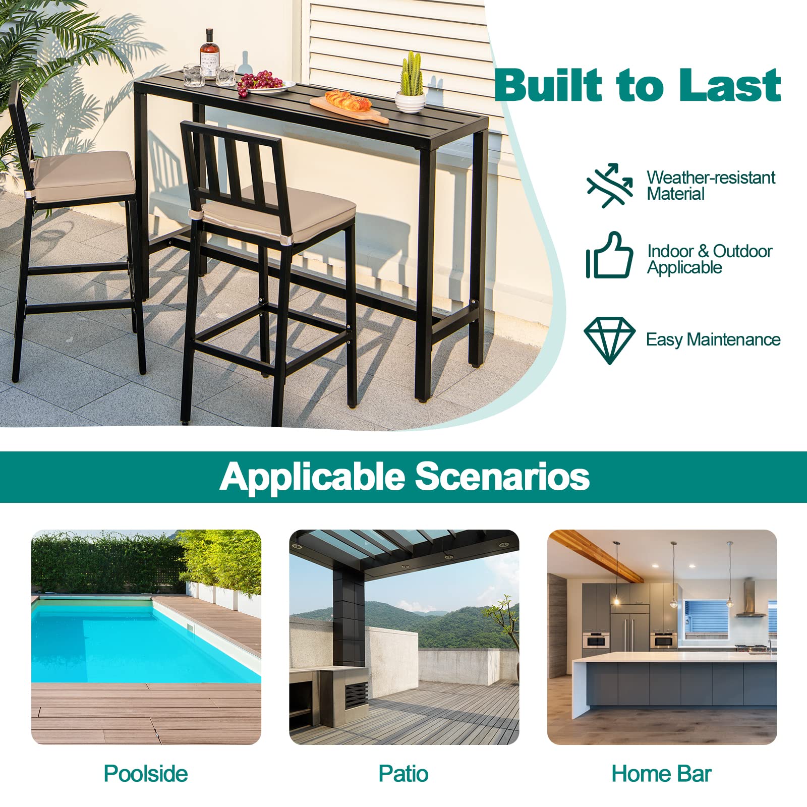 3 Piece Outdoor Patio Bar Set with Cushioned Stools
