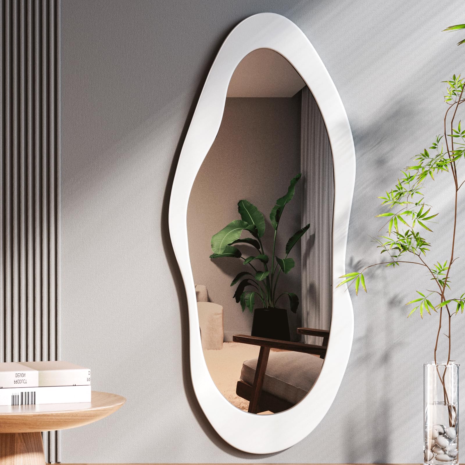 Irregular Wavy Full Length Mirror White Wooden Frame