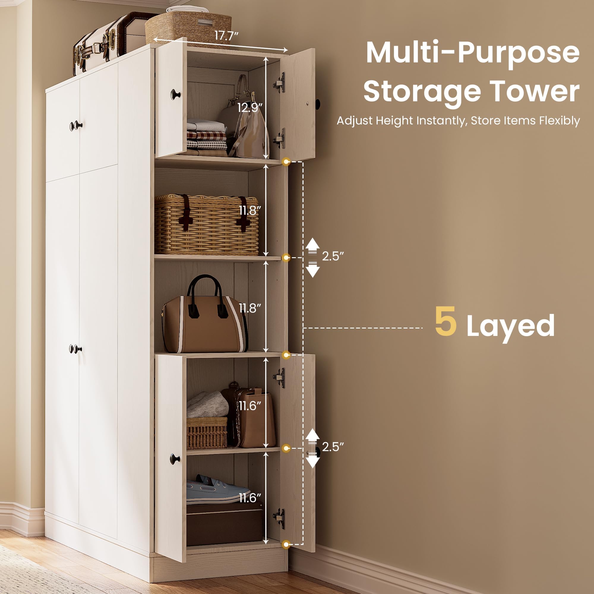 Modern White Armoire Wardrobe Closet with Adjustable Shelves and Side Storage Tower