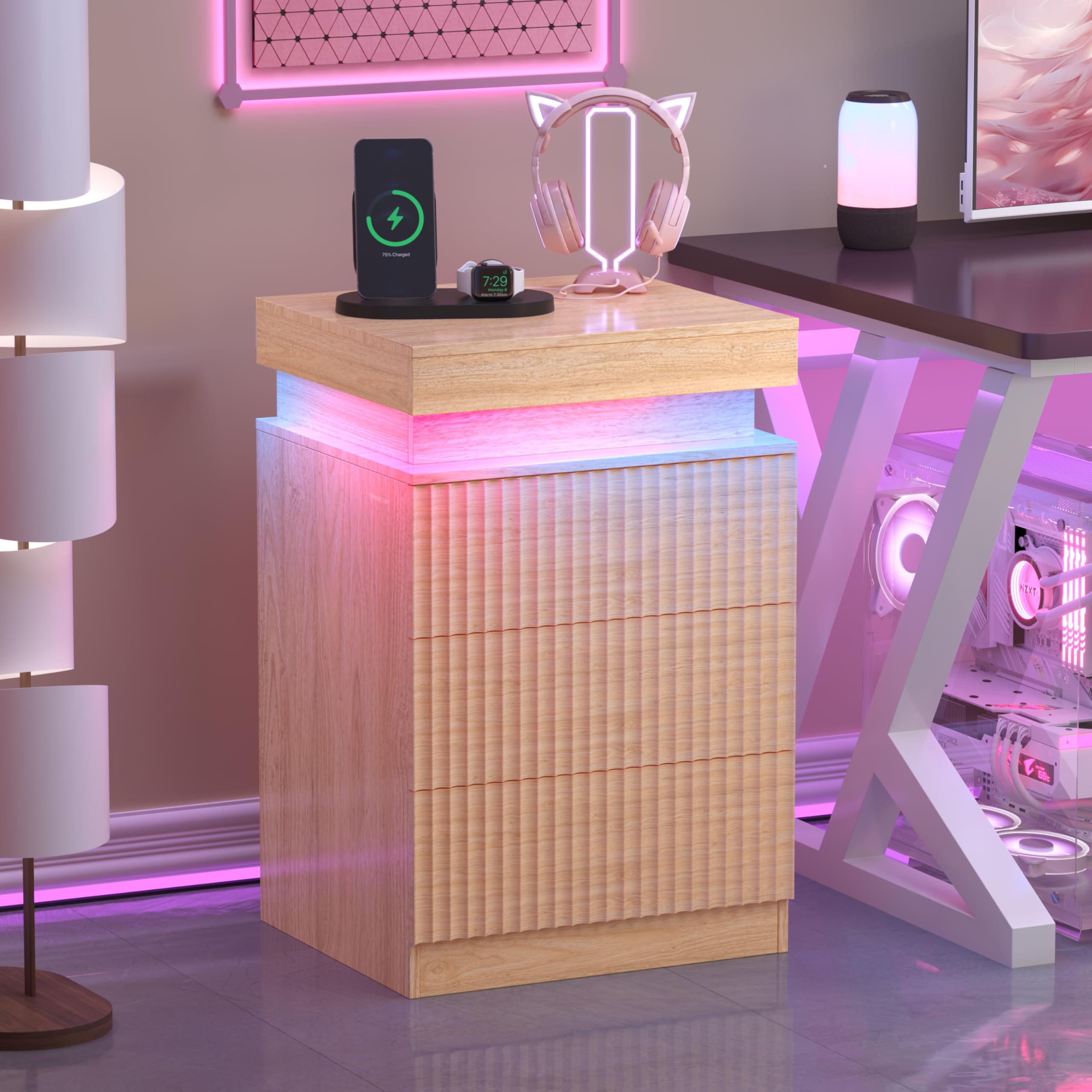 Mid Century Modern Nightstand with LED Light and Charging Station