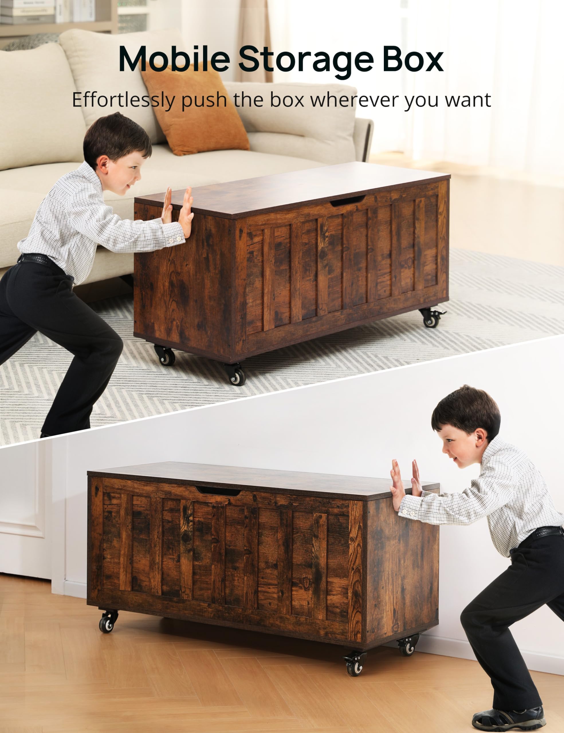 Storage Bench with Wheels and Safety Hinges