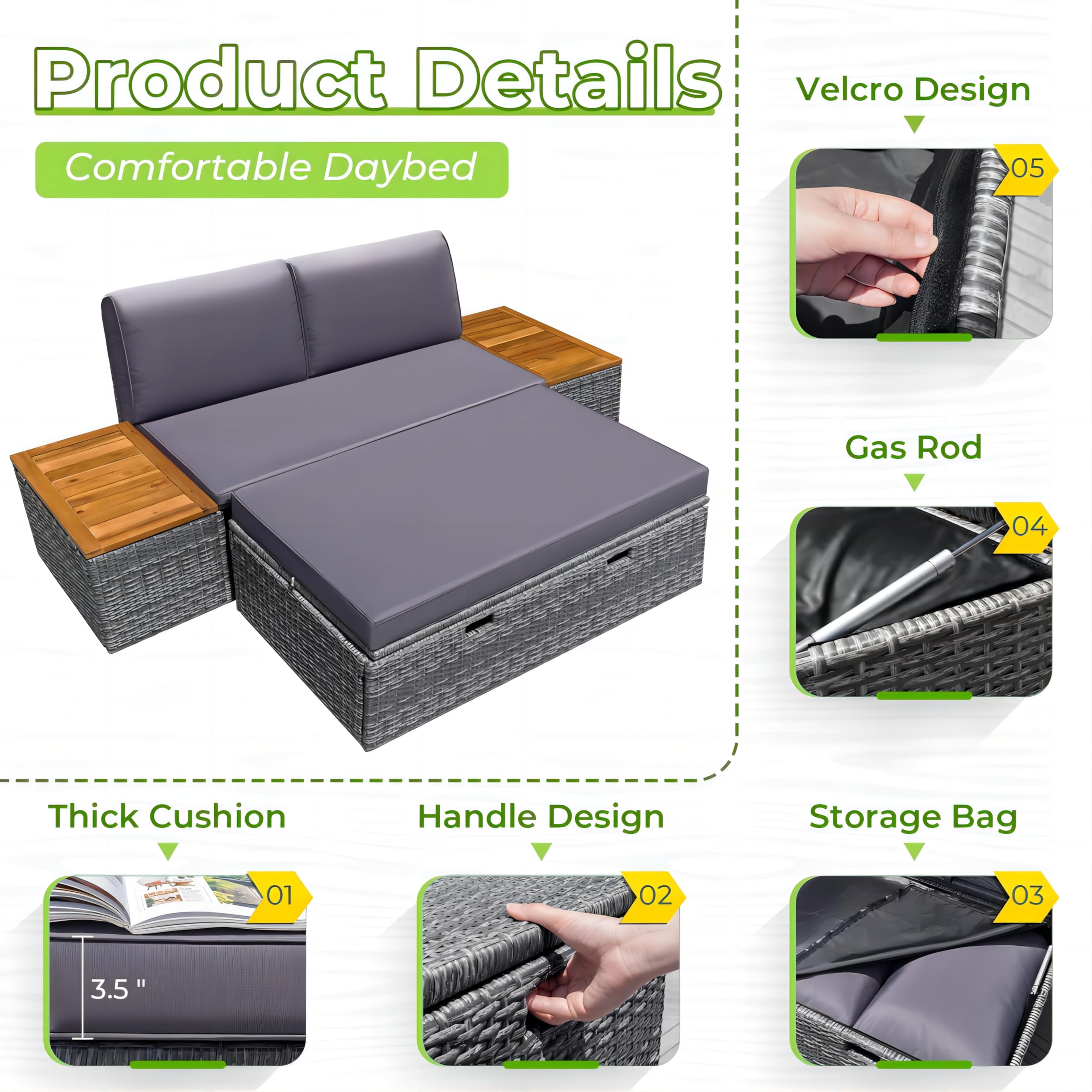 Outdoor Daybed Set with Storage Bench and Side Tables