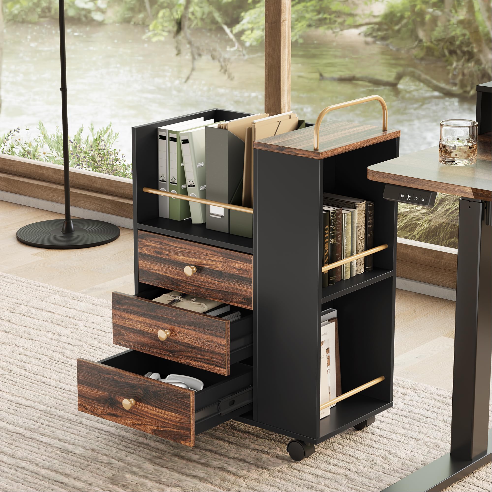 Mobile File Cabinet with 3 Drawers and Open Storage