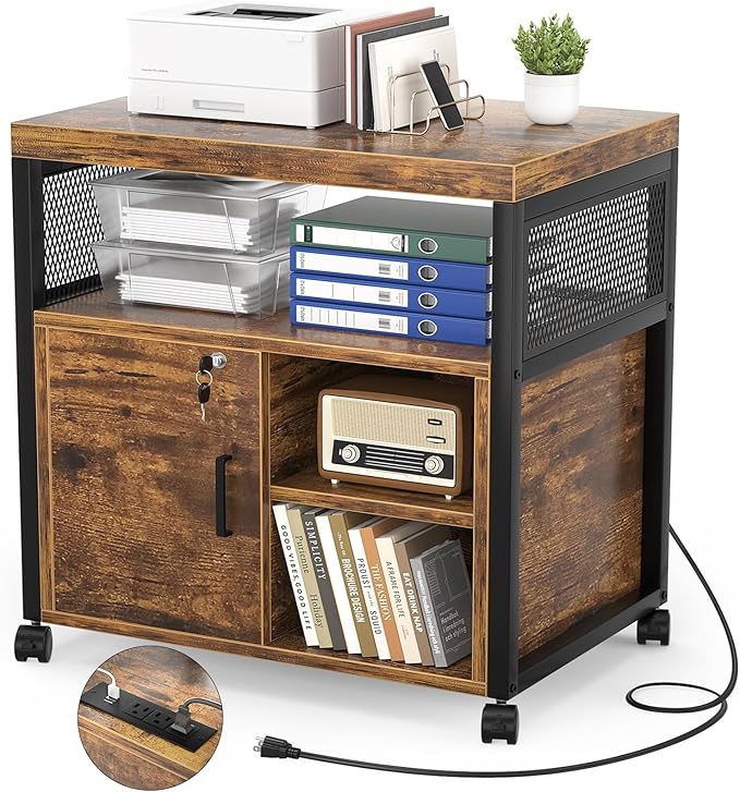 Rolling File Cabinet with USB Charging and Lockable Storage