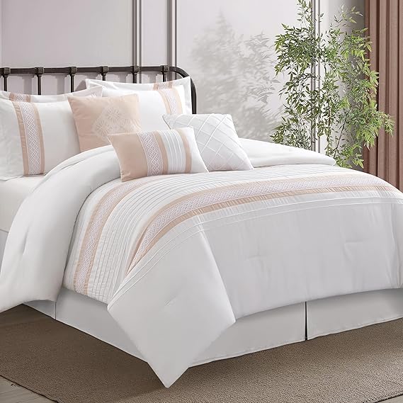 7 Piece Boho Comforter Set Queen Grey White Geometric Embroidery