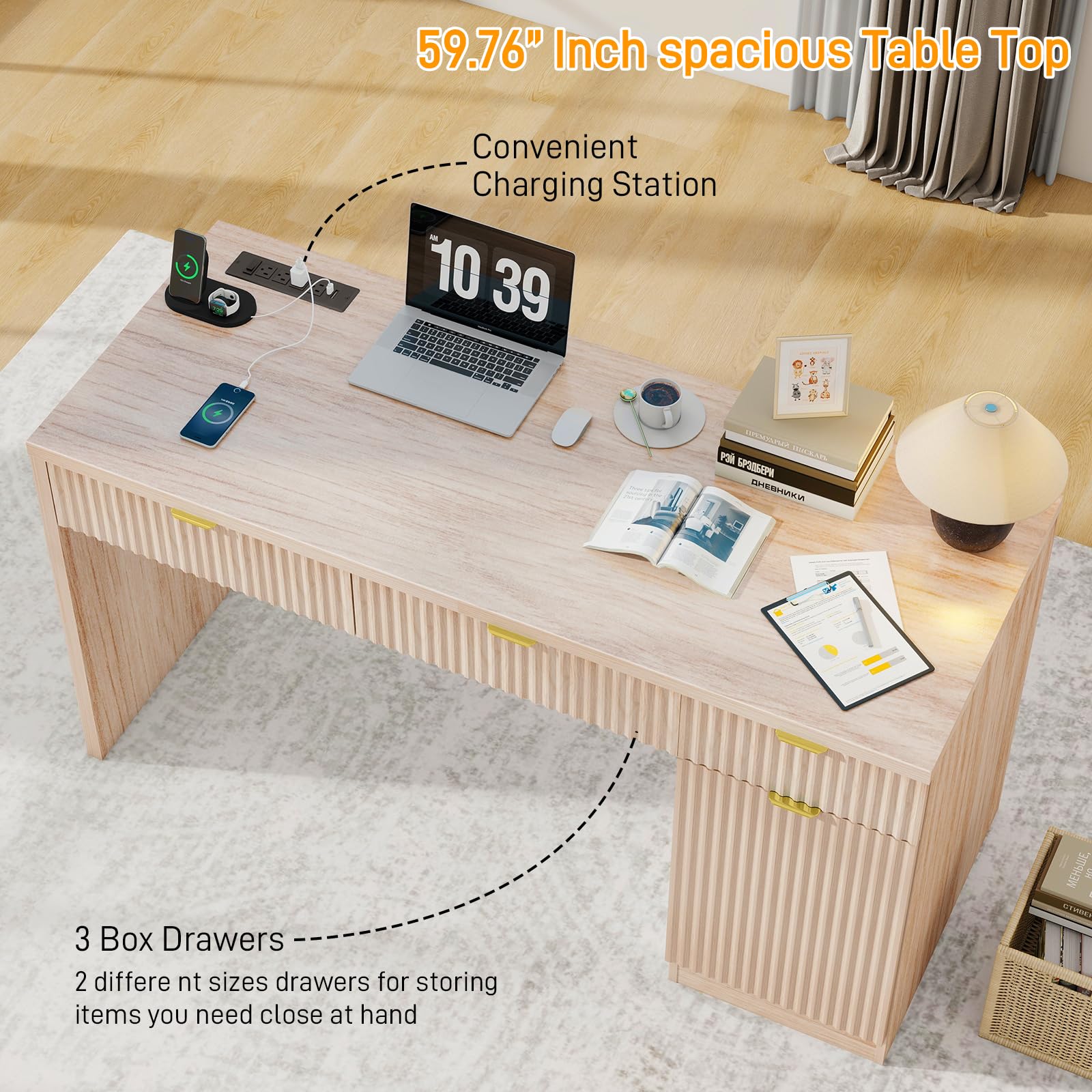 60" Executive Desk with Fluted Drawers and Charging Station