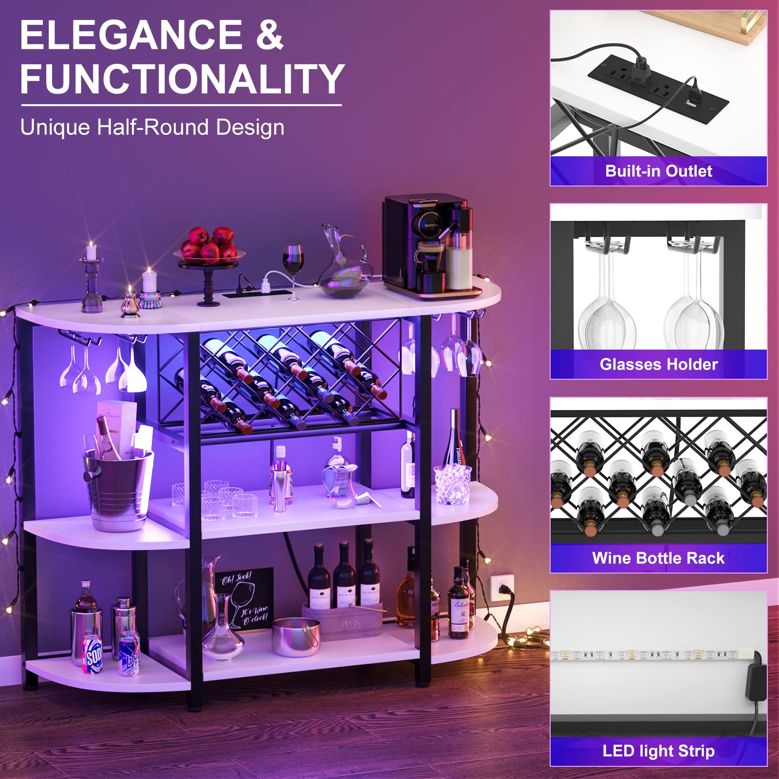 Wine Bar Cabinet with LED Light and Charging Station