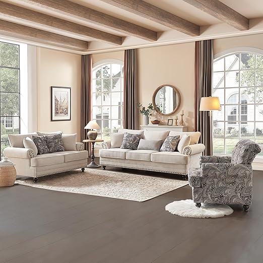 3-Piece Chenille Living Room Set with Nailhead Trim