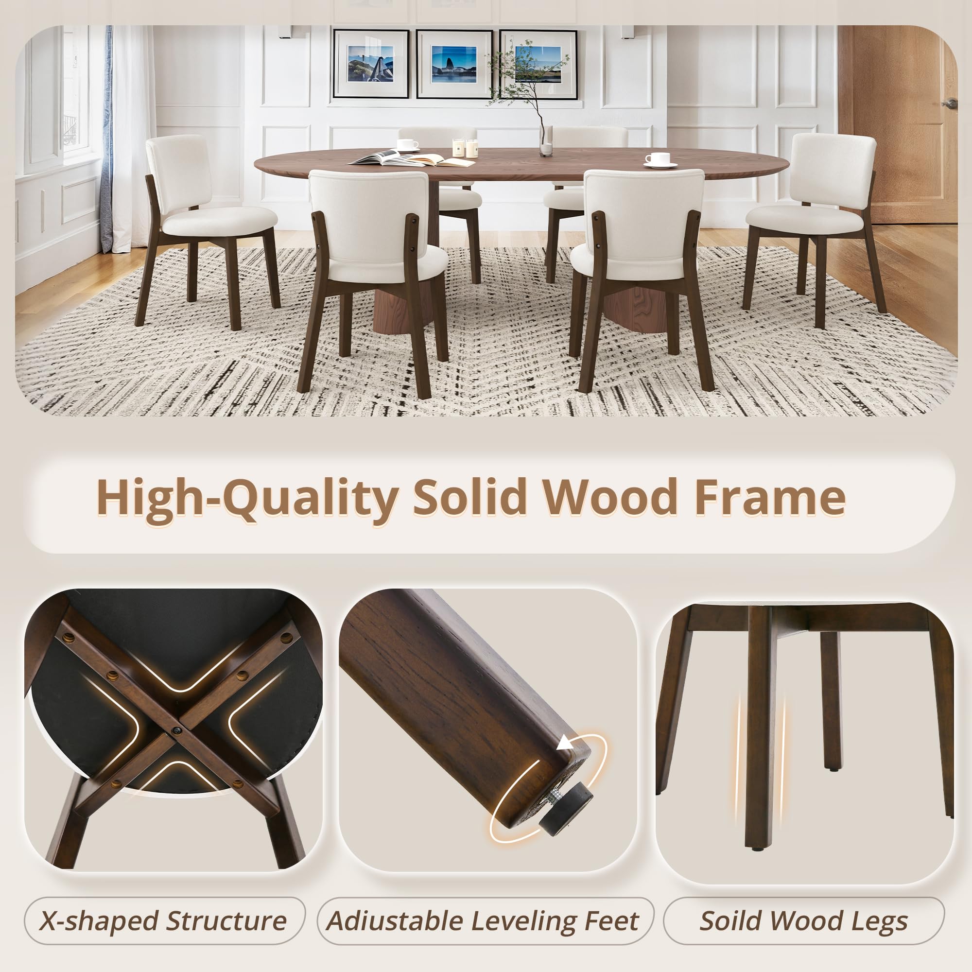 Wooden Dining Chairs Set of 4 - Beige Upholstered Wide Back