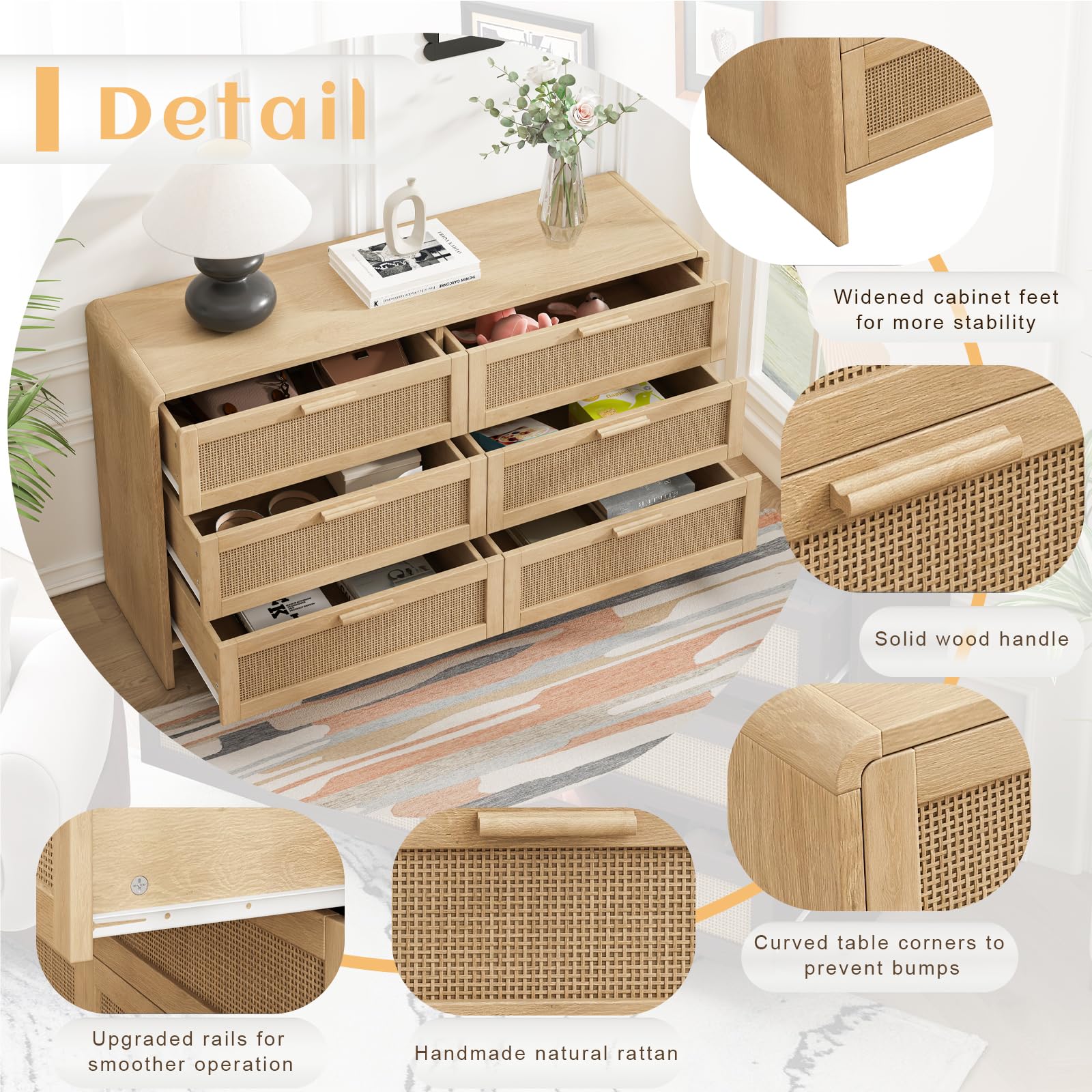 6 Drawer Rattan Dresser with Rounded Edges