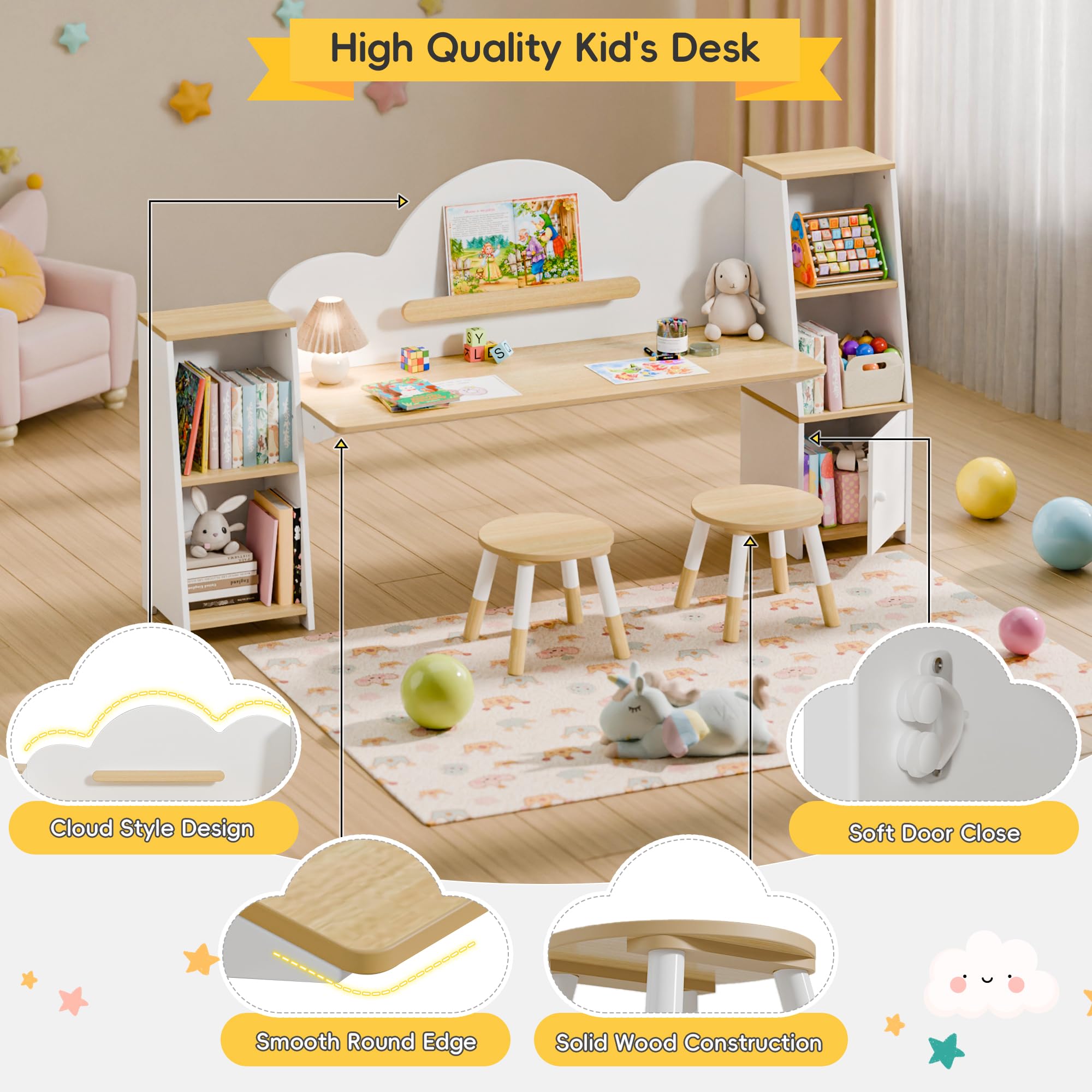 Kids Study Desk with Bookshelves and 2 Stools
