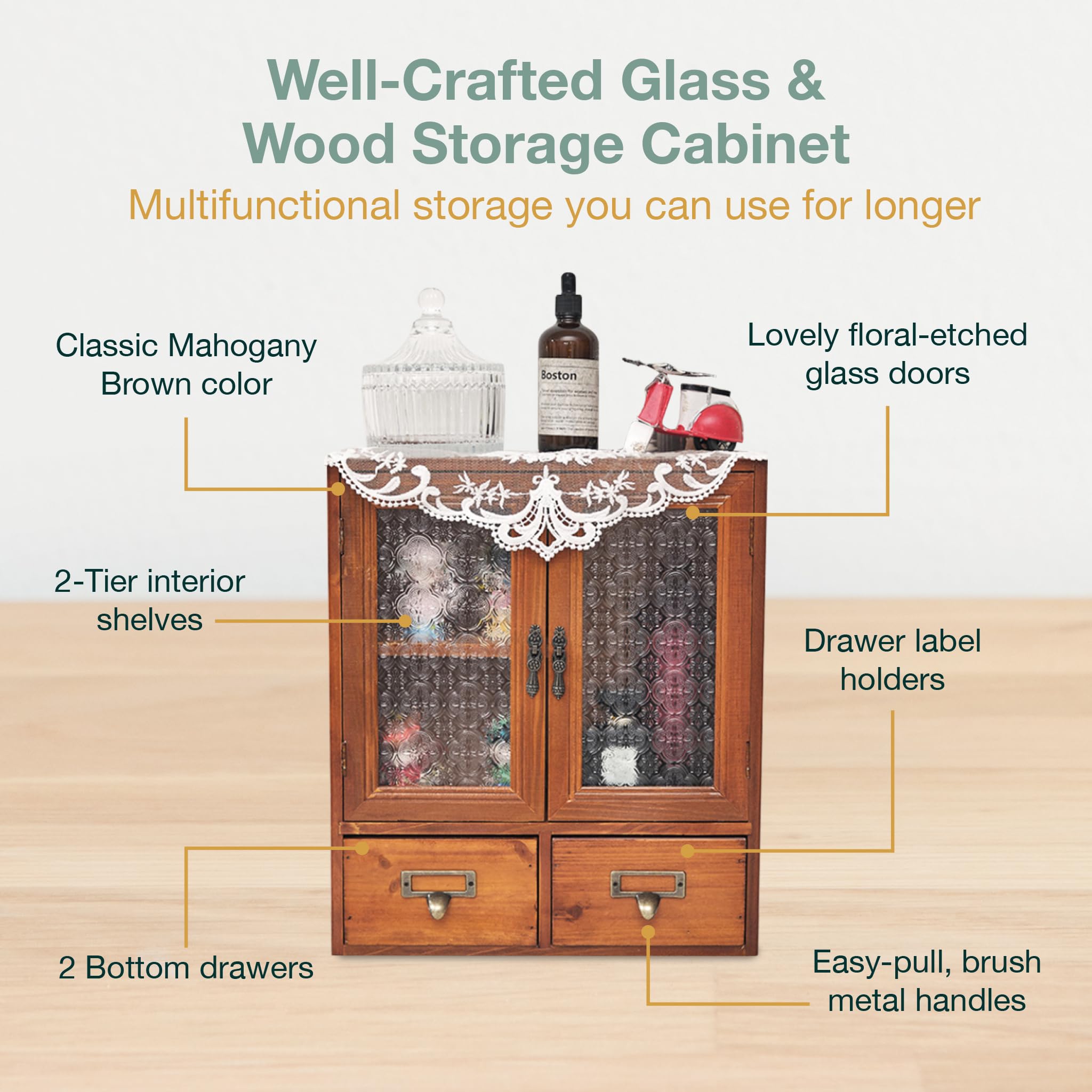 Floral Glass Storage Cabinet with 2 Drawers
