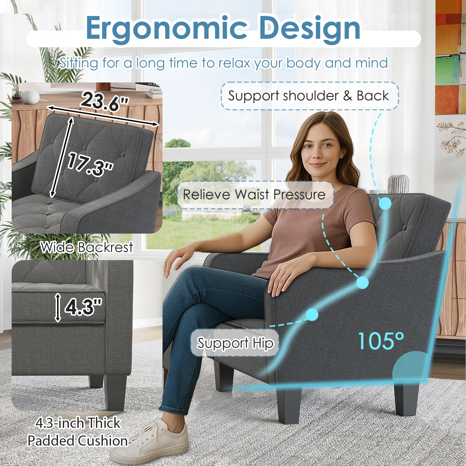 STHOUYN Living Room Chairs Grey Accent Chairs Set of 2, Waiting Room Arm Chairs, Reading Chairs for Bedroom Comfy Club Chair Tufted, Office Small Space (2, Grey)