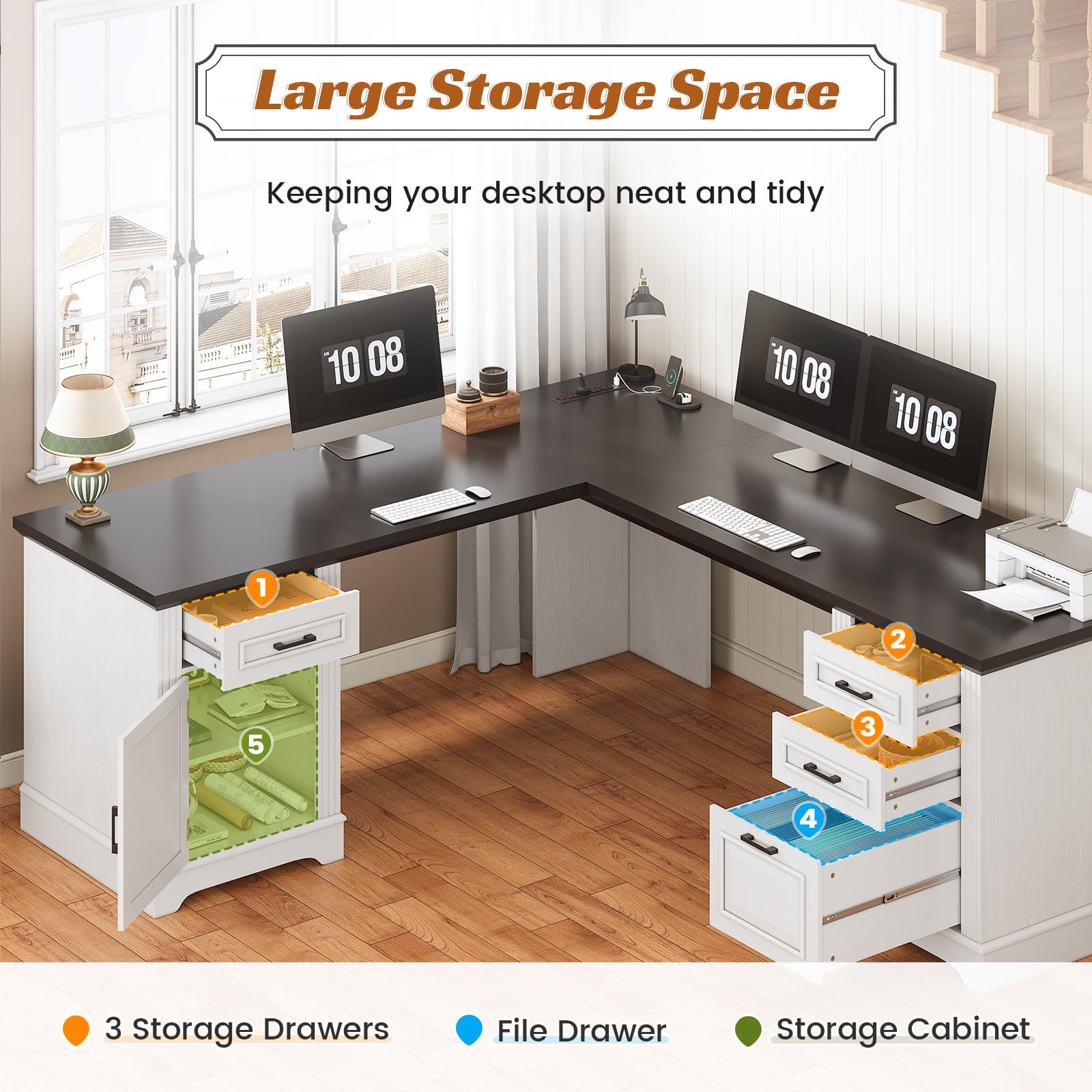 69" Executive L-Shaped Desk with Drawers and Storage Cabinet