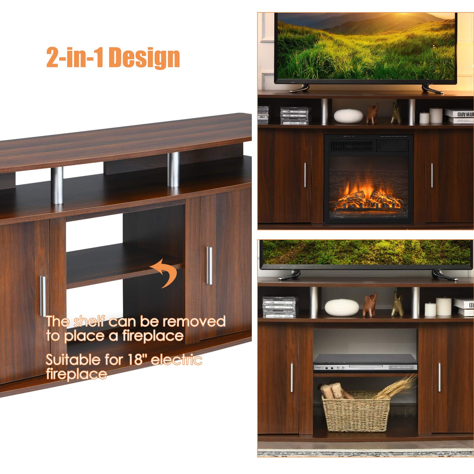 TV Stand with Fireplace Opening Cherry Wood