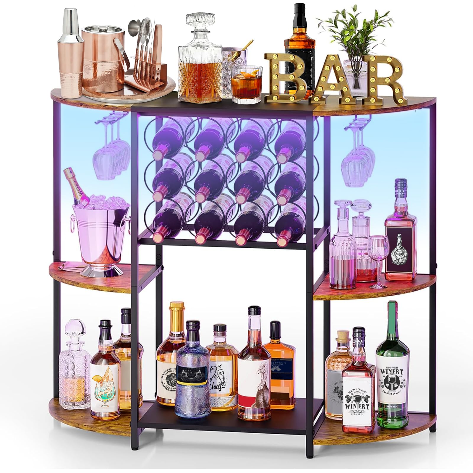 Wine Bar Cabinet with LED Lights and Storage
