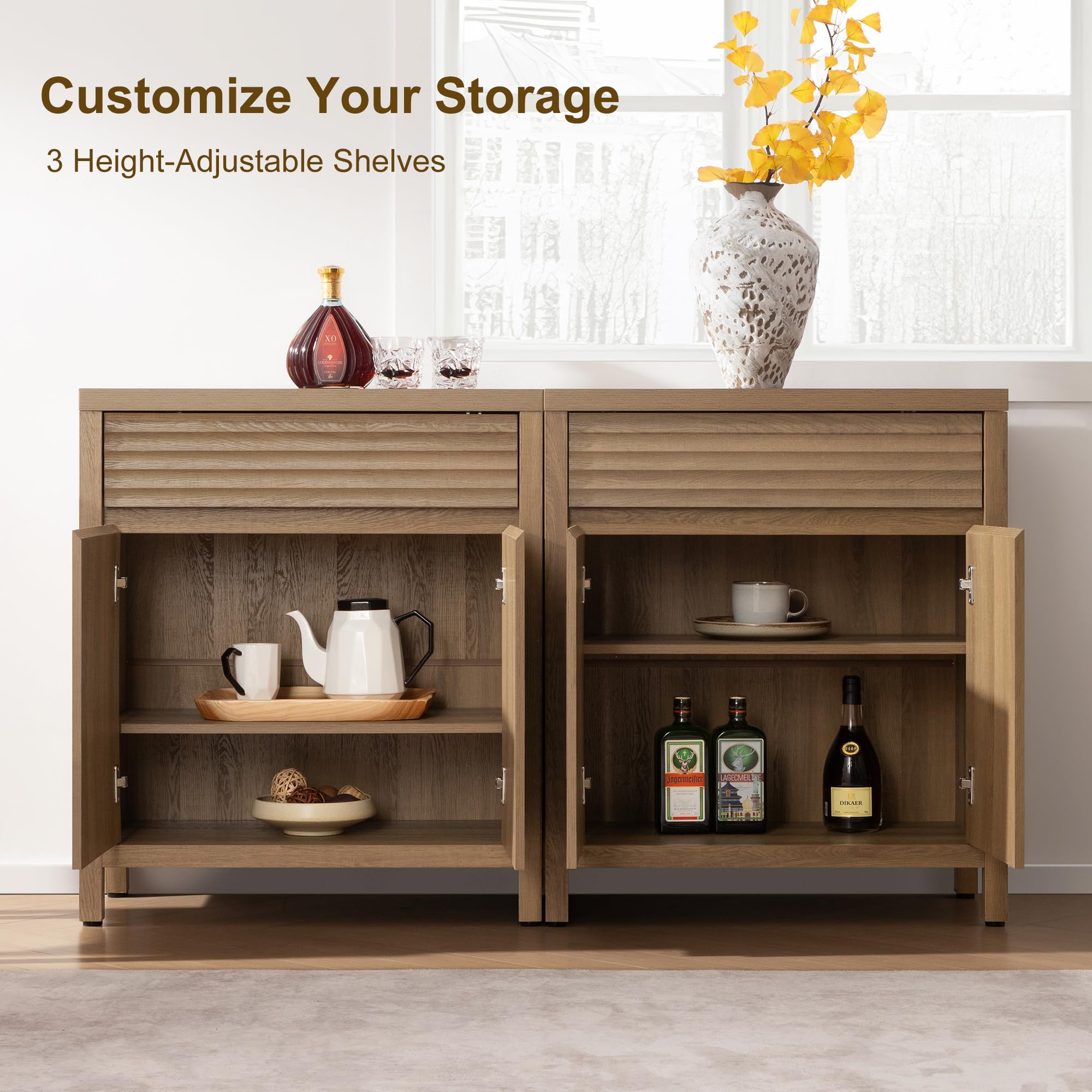 Fluted Buffet Cabinet with Storage - 87" Sideboard with Drawers and Adjustable Shelves