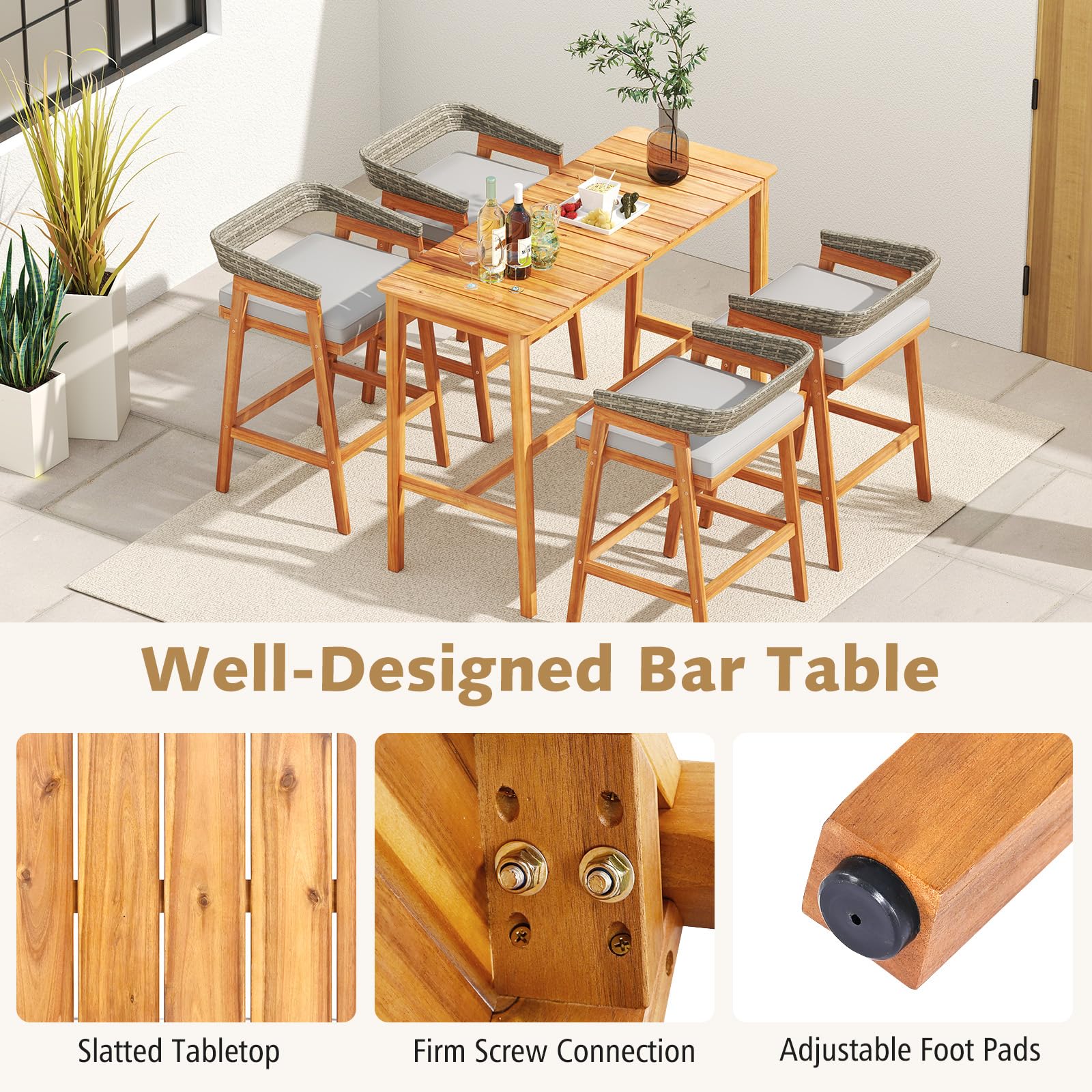 3 Piece Outdoor Bar Set with Acacia Wood Table and Cushioned Barstools