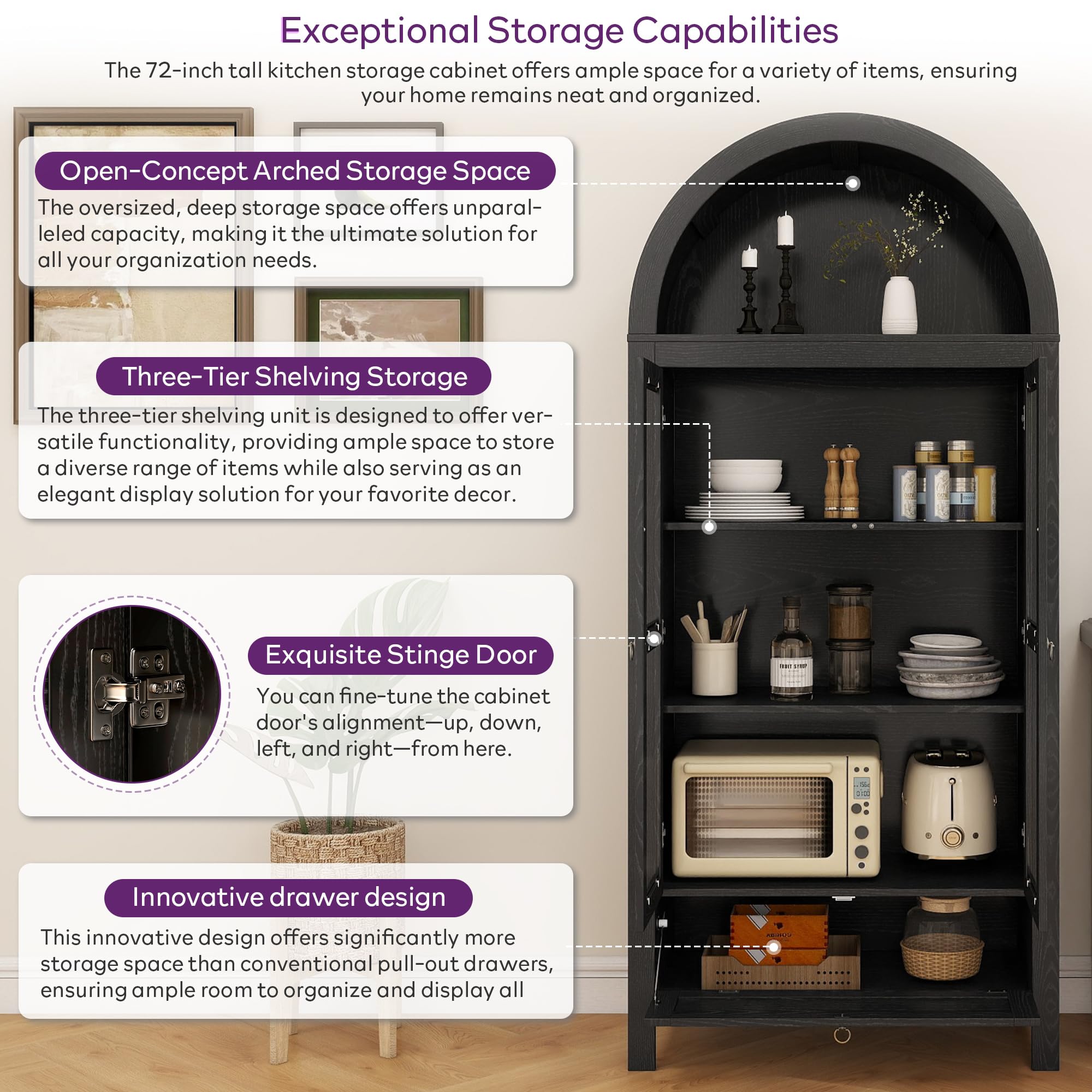 71" Tall Arched Pantry Cabinet with Glass Door