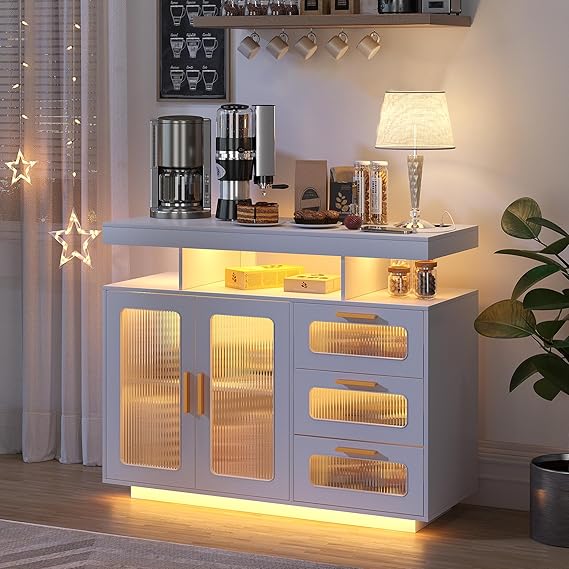 Coffee Bar Cabinet with RGB LED Lighting and Charging Station