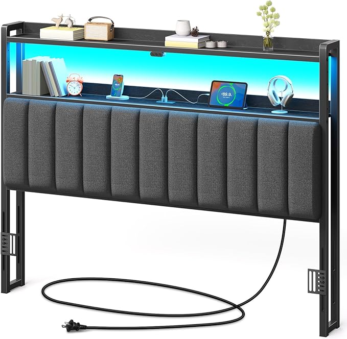 Queen Size Upholstered Headboard with LED Lights and USB Charging