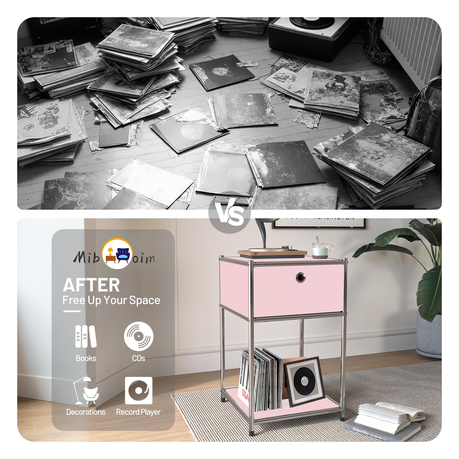 Pink Metal Nightstand with Drawers