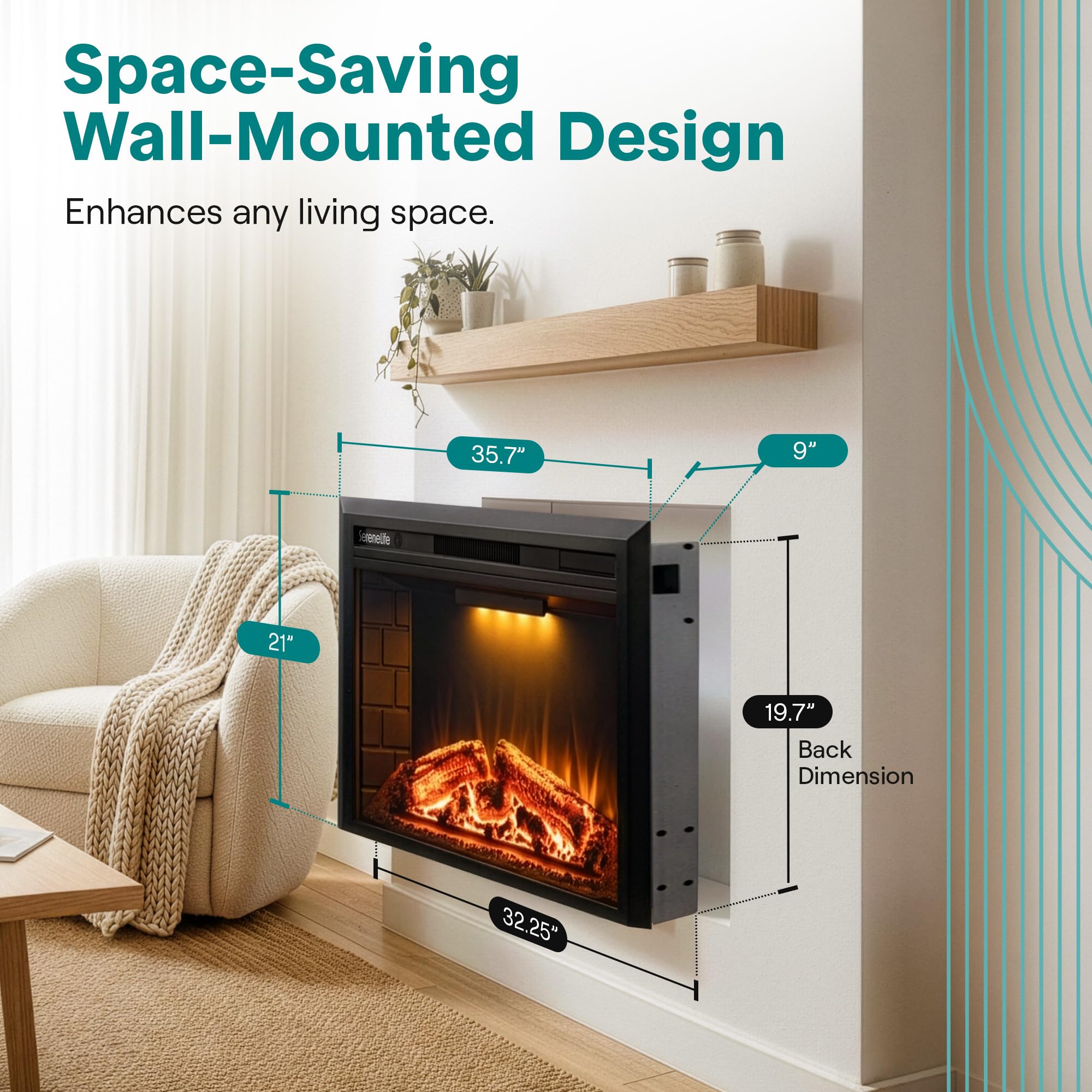 36" Smart Electric Fireplace with Heater