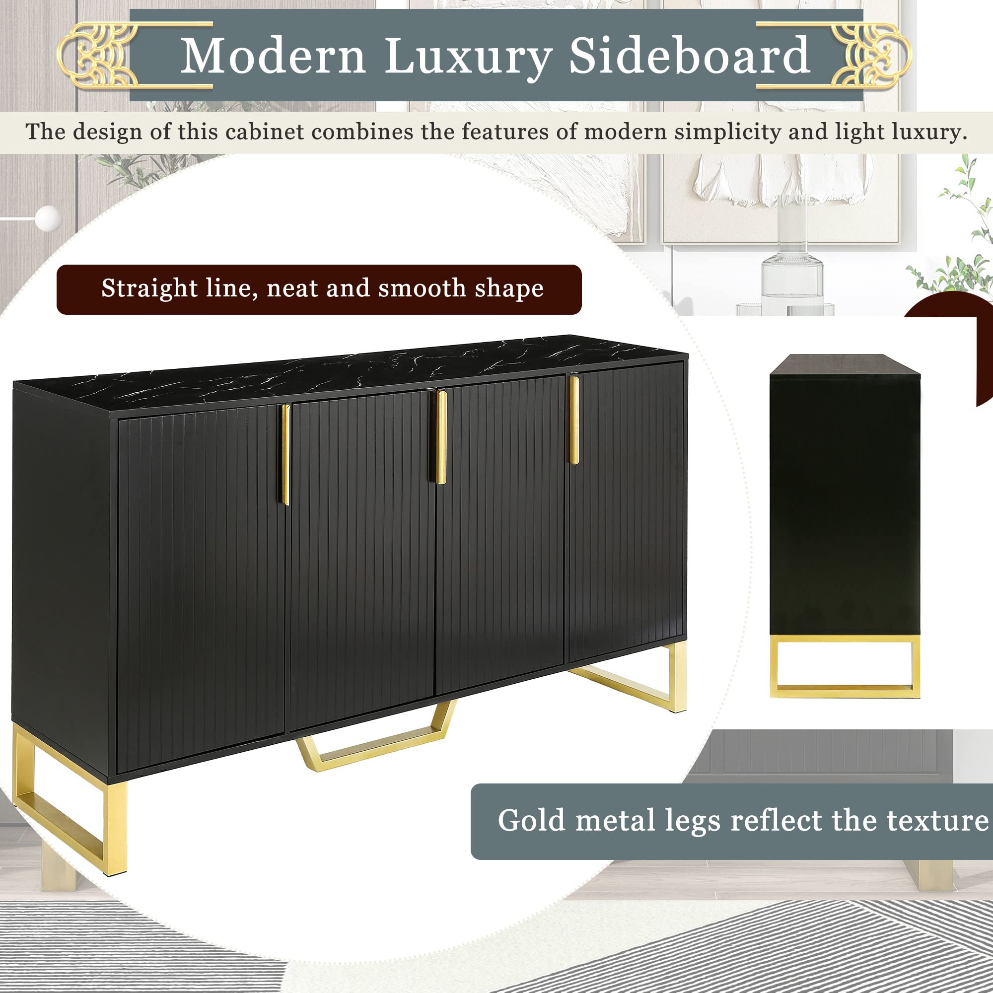 60-Inch Sideboard Cabinet with Faux Marble Top