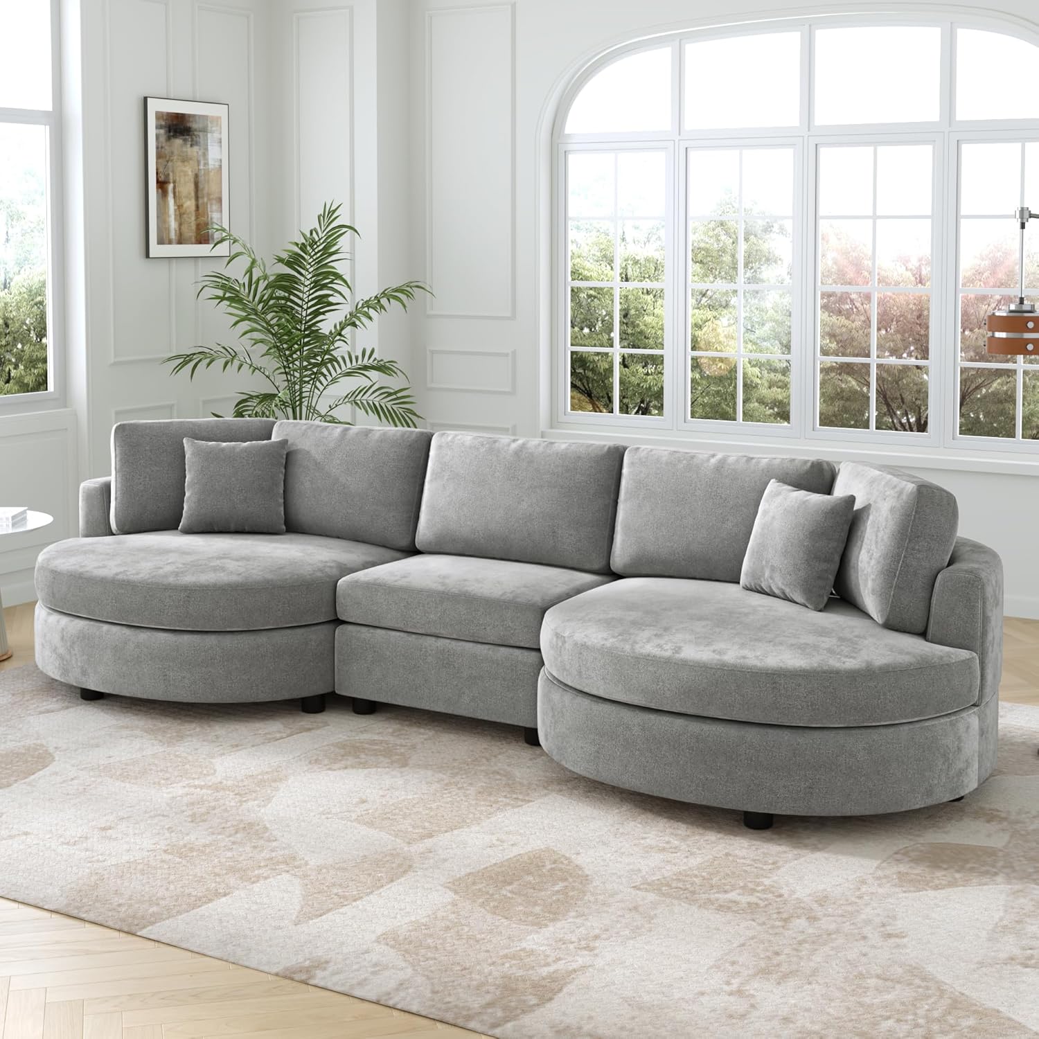 129-Inch Curved Chenille Sofa with Throw Pillows