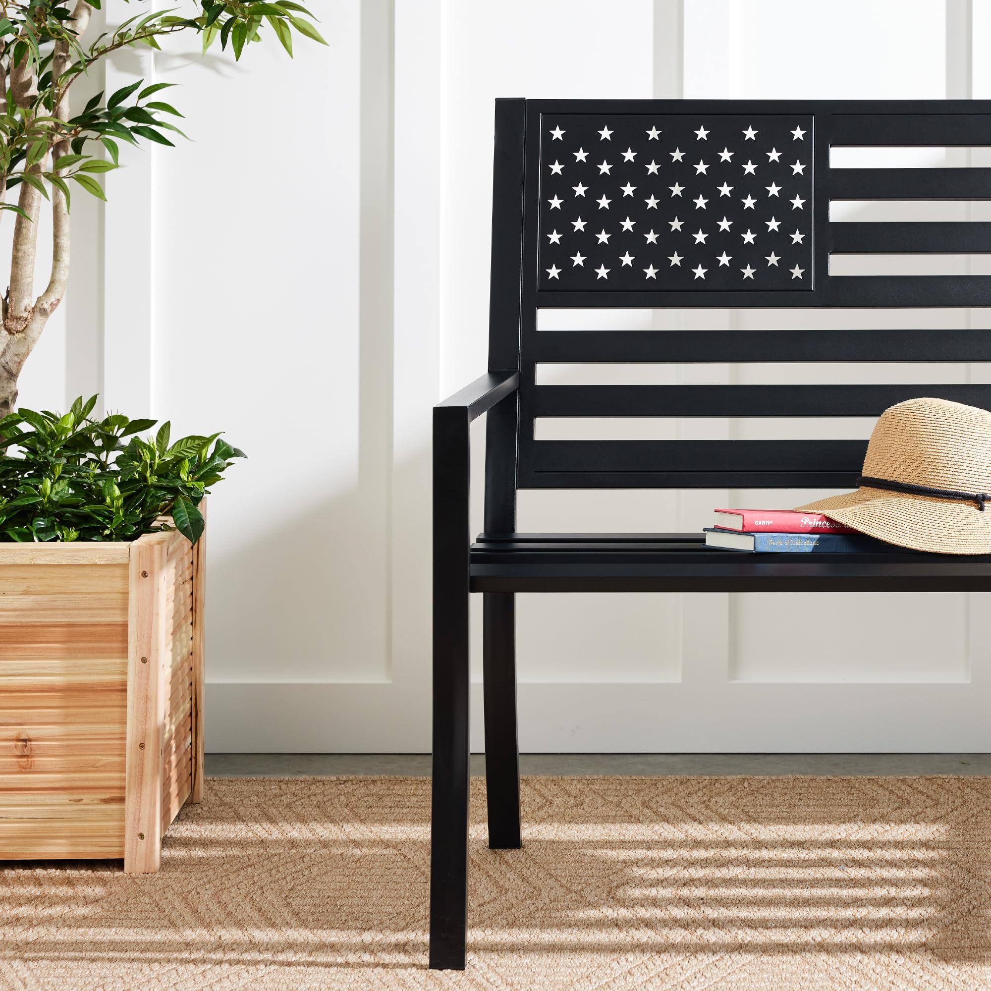 2-Person Steel Outdoor Bench with American Flag Design