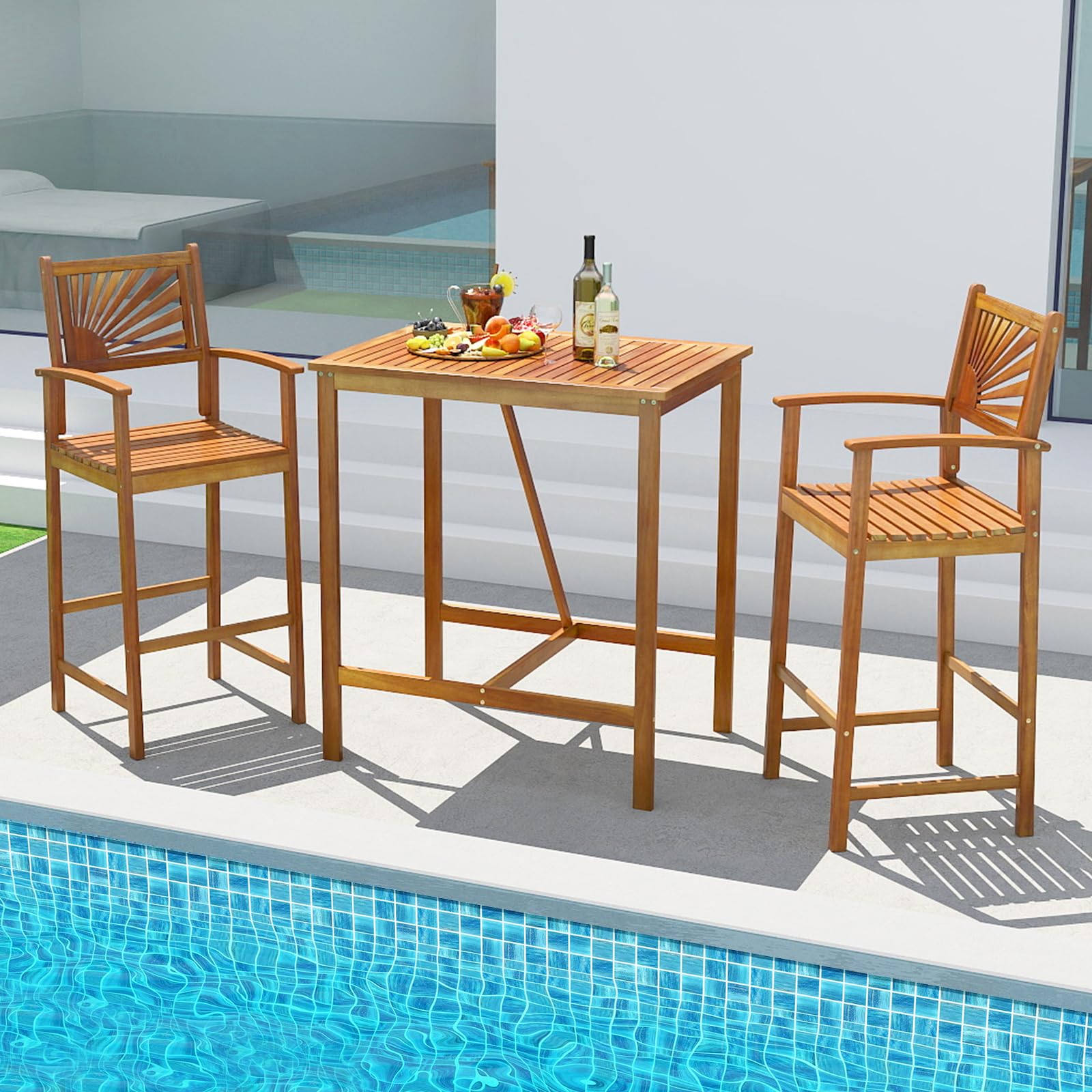 3 Piece Acacia Wood Patio Bar Set