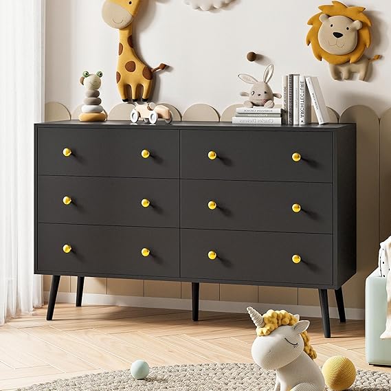 6 Drawer Natural Wood Dresser with Metal Handles