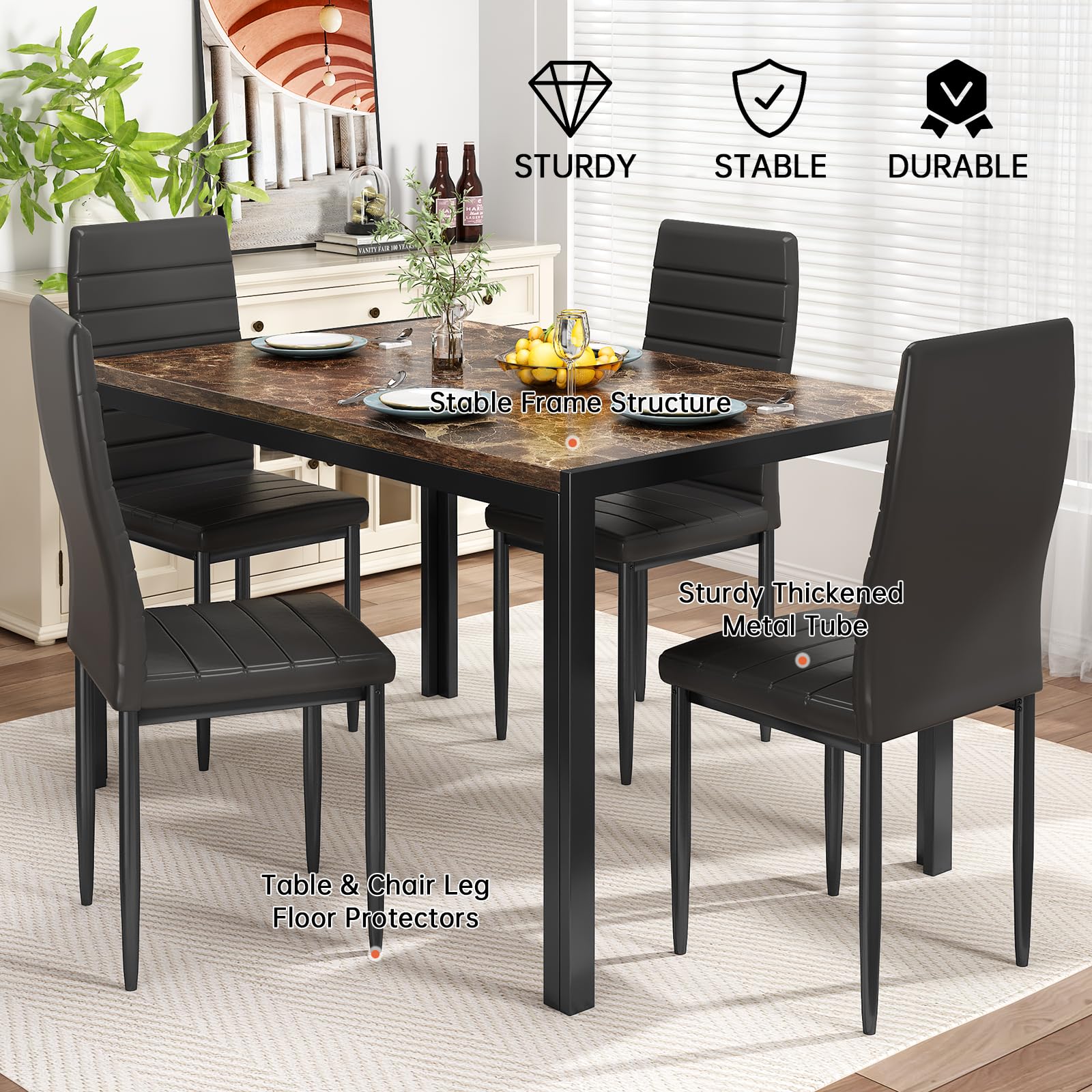 5-Piece Faux Marble Dining Table Set for 4