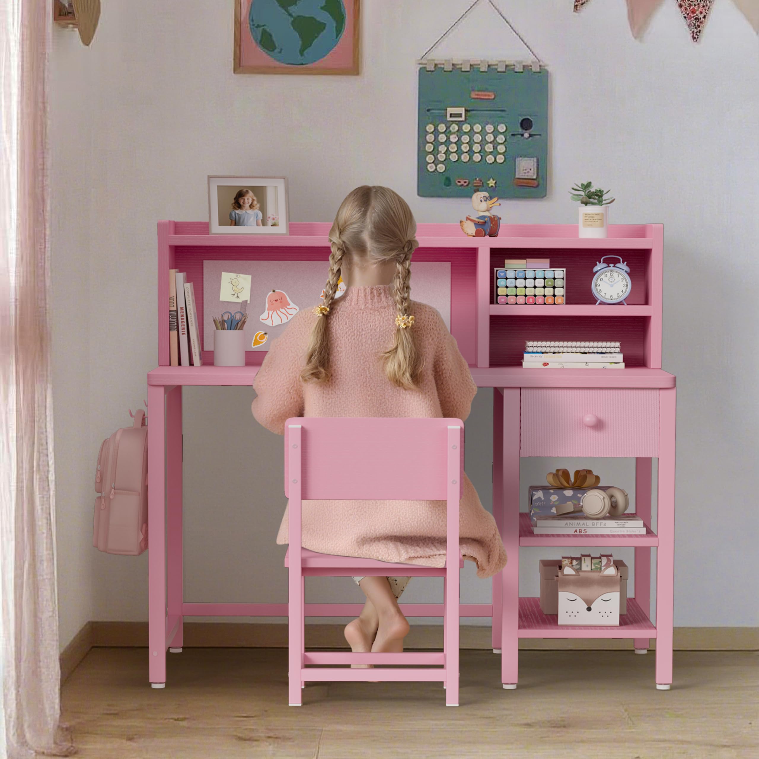 Kids Desk and Chair Set with Hutch and Storage Shelf