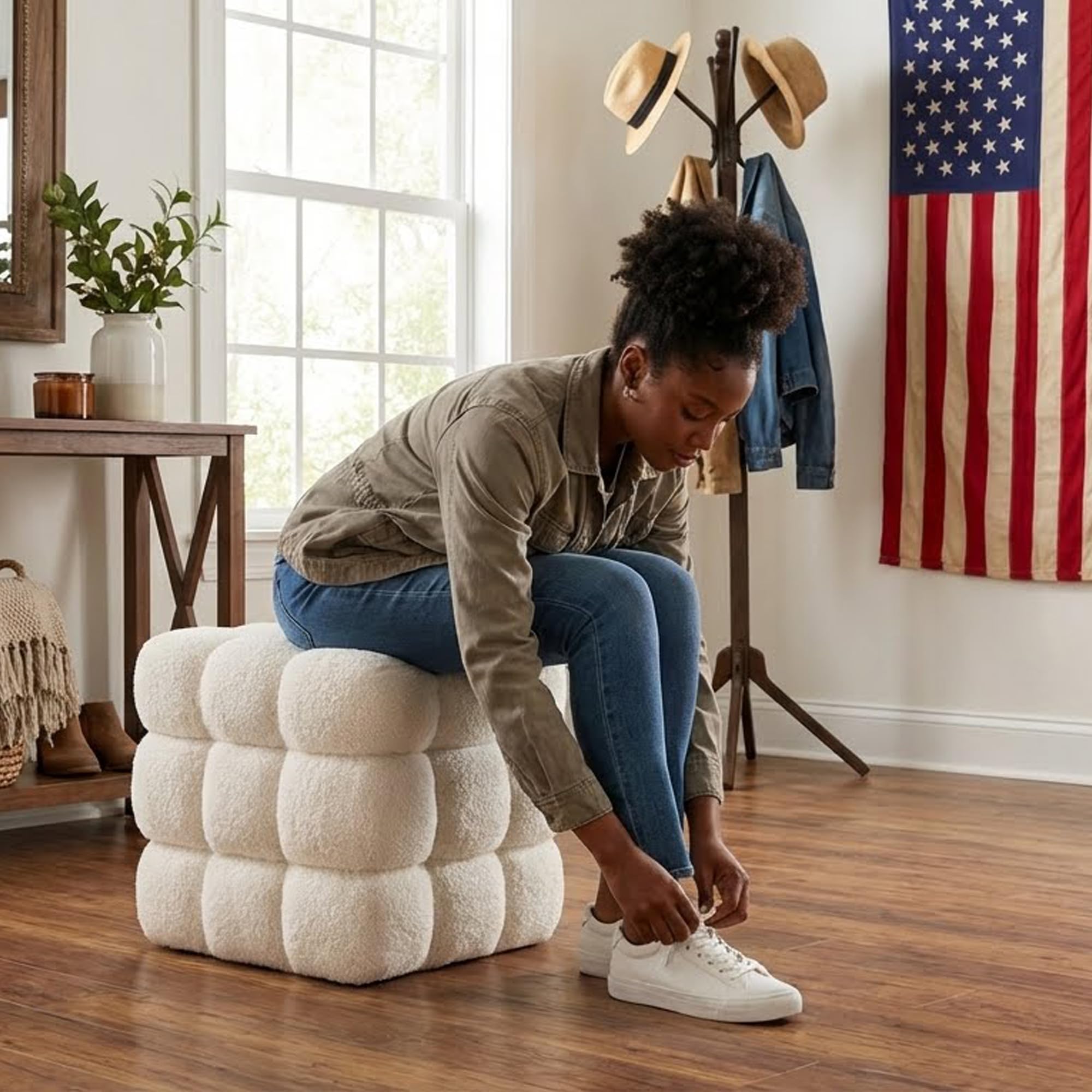 White Square Ottoman 17 Inch Cube Pouf Footstool