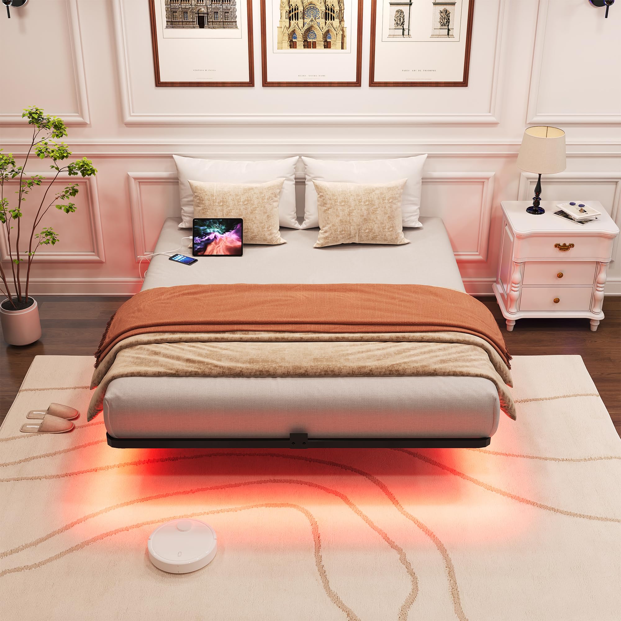 Floating Bed Frame with LED Lights and Charging Station Full Size