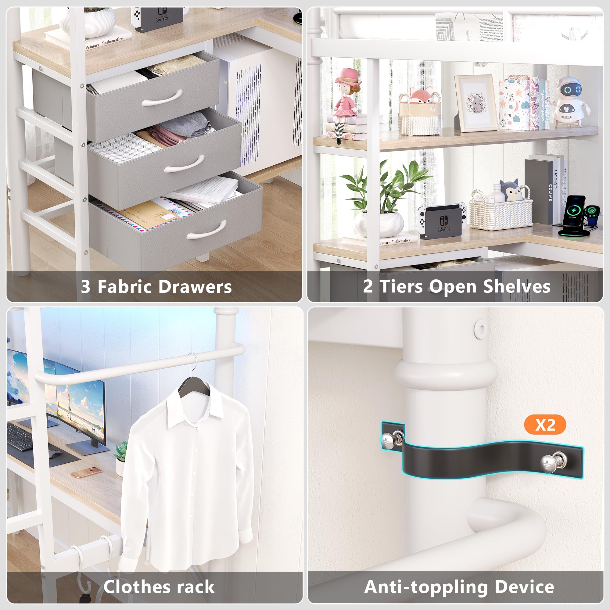 Twin Loft Bed with L-Shaped Desk and LED Lights