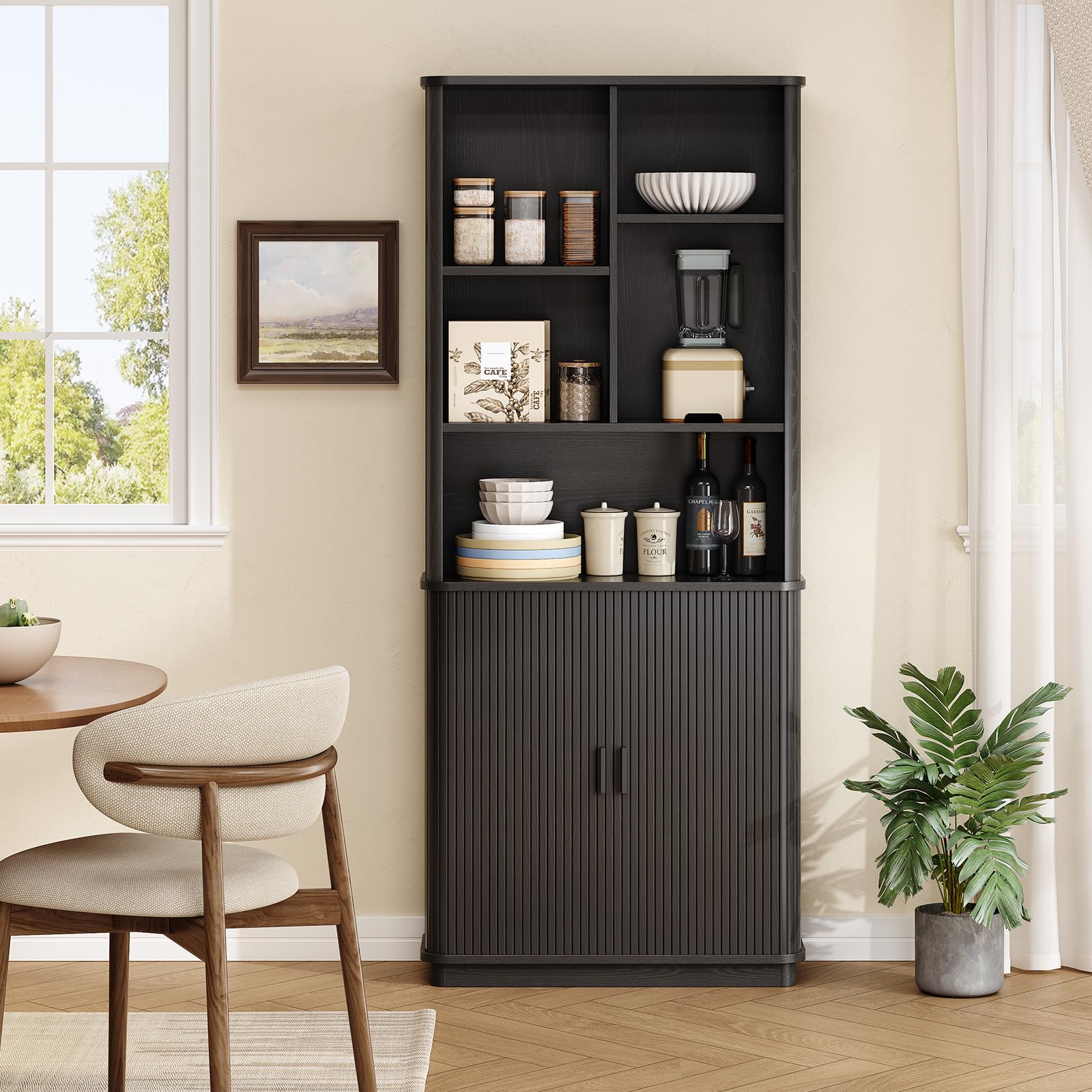 71" Tall Curved Bookshelf with Sliding Door Storage Cabinet