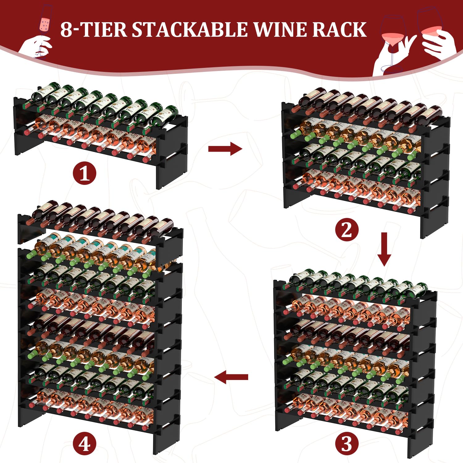 8-Tier Bamboo Wine Rack - 72 Bottle Freestanding Floor Storage