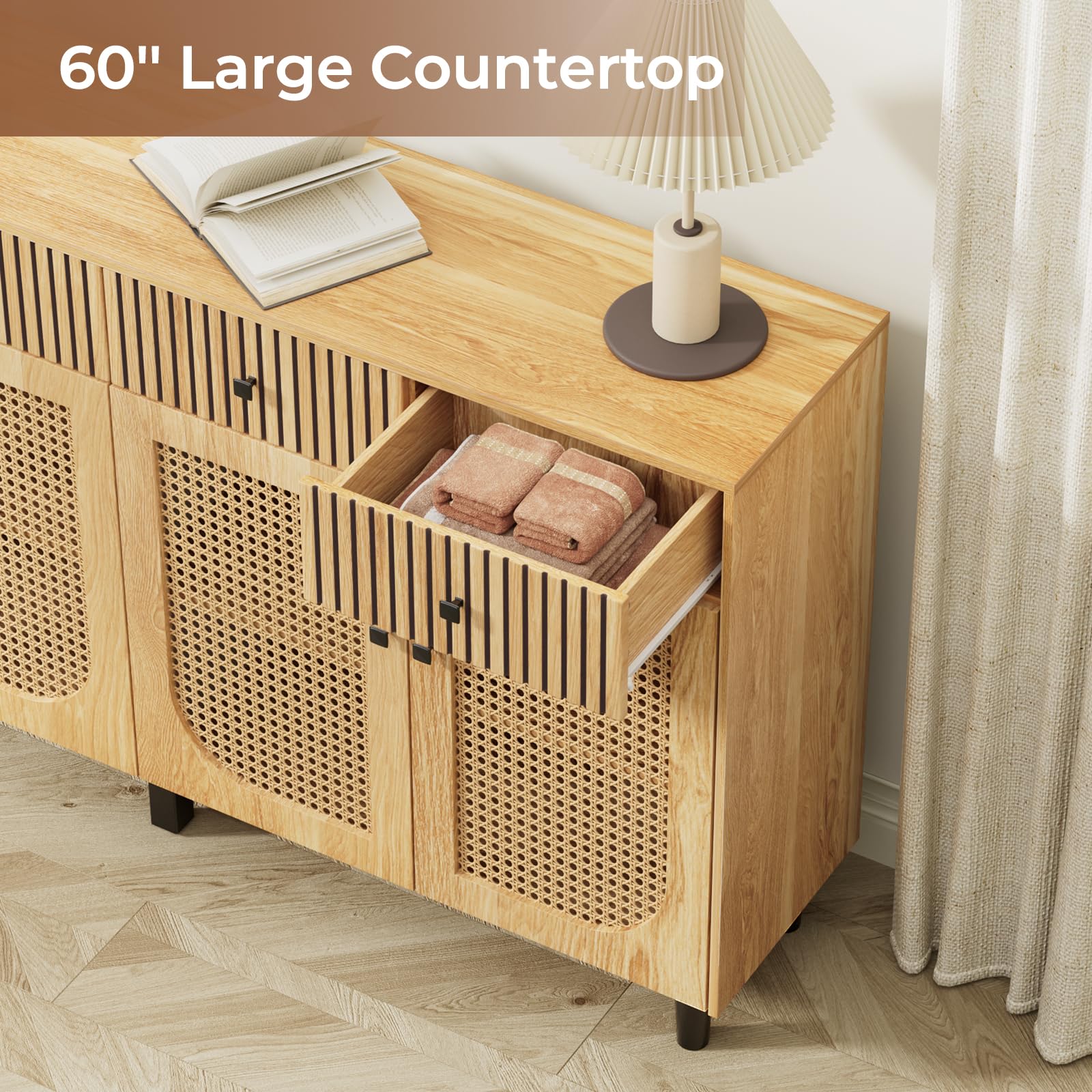 63 Inch Rattan Sideboard Buffet Cabinet with 4 Drawers