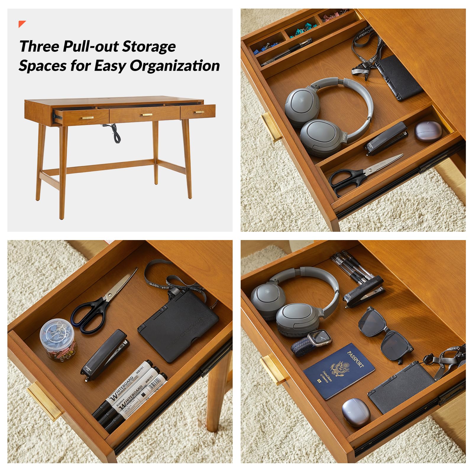 Mid-Century Modern Writing Desk with 3 Drawers and USB Charging