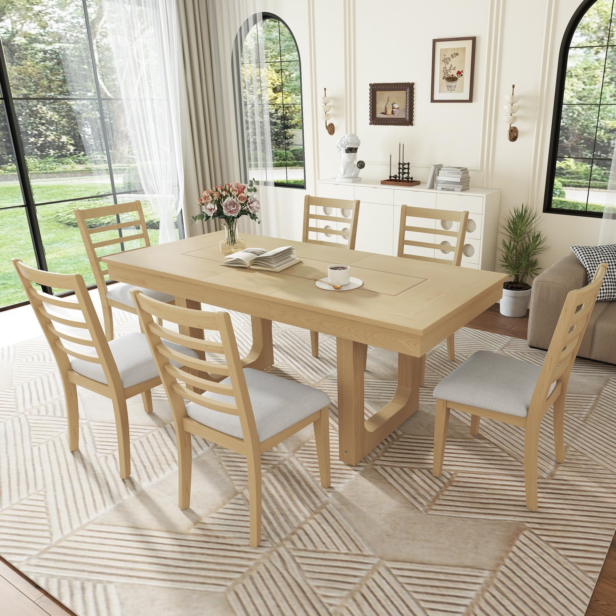 7 Piece Extendable Dining Table Set with Upholstered Chairs