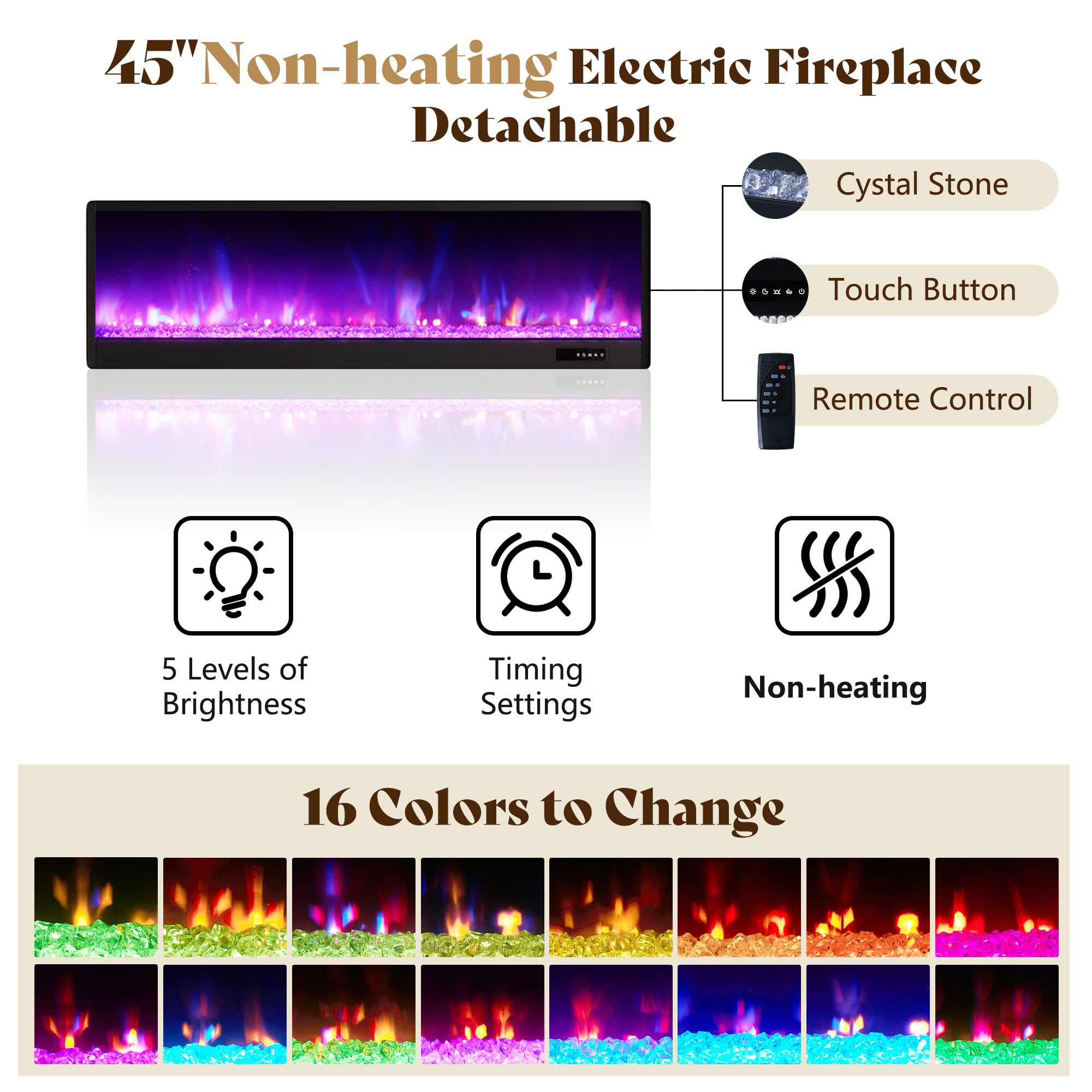 Queen Upholstered Platform Bed Frame with Fireplace and Tall Wingback Headboard