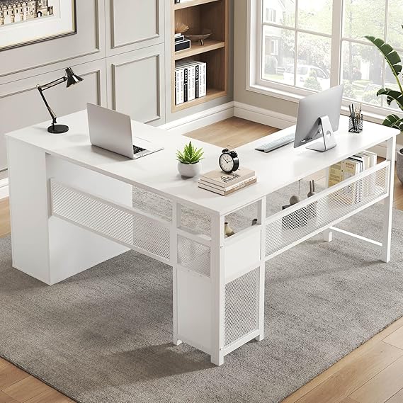 Black L Shaped Desk with Drawers and Storage Shelf